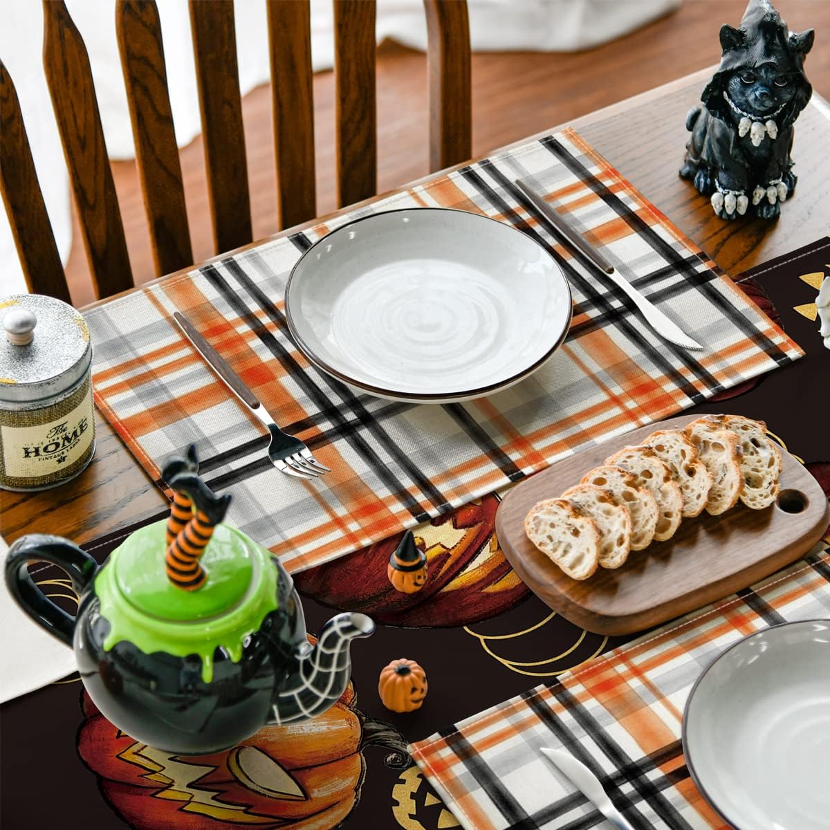Halloween Placemats Set of 4 – Orange & Black 100% Polyester Table Mats by Artoid Mode (18x12”)