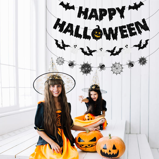 Black Glitter “Happy Halloween” Banner Set 🕷️ – Pre-Assembled Party Garland with Spiders, Bats & Webs