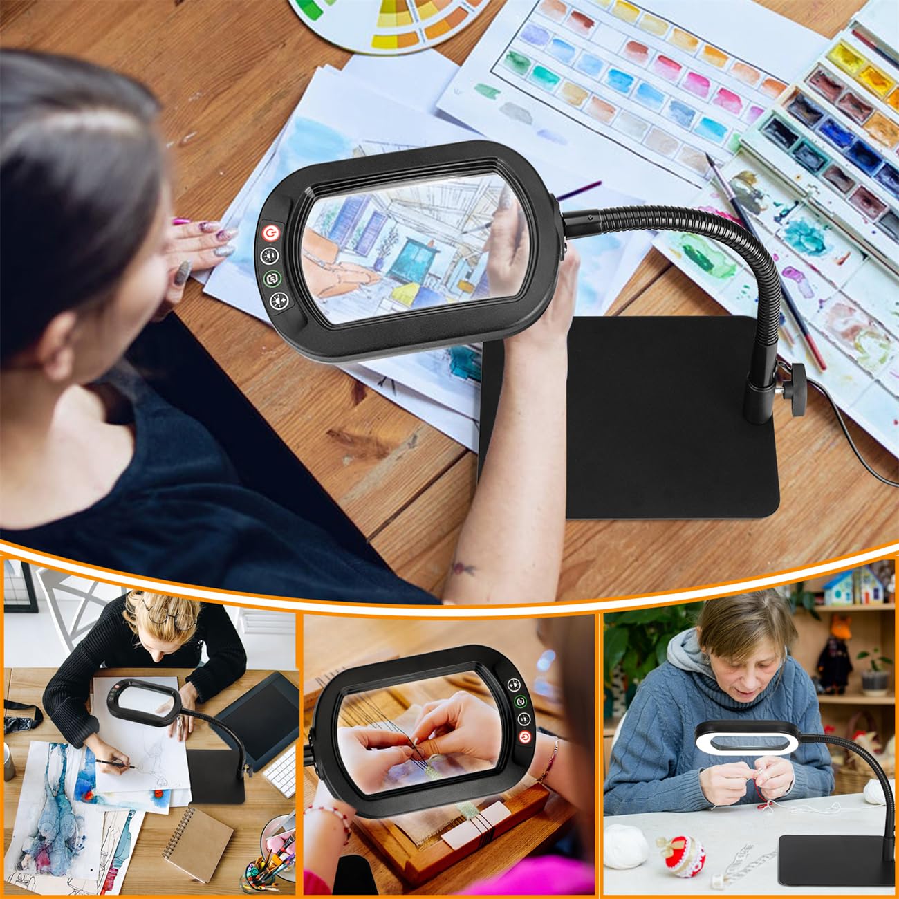 Veemagni 10X Rectangular Magnifying Lamp with LED Light & Flexible Gooseneck Stand, 5 Color Modes Stepless Dimmable Desk Magnifier for Crafts Reading Repair – Black