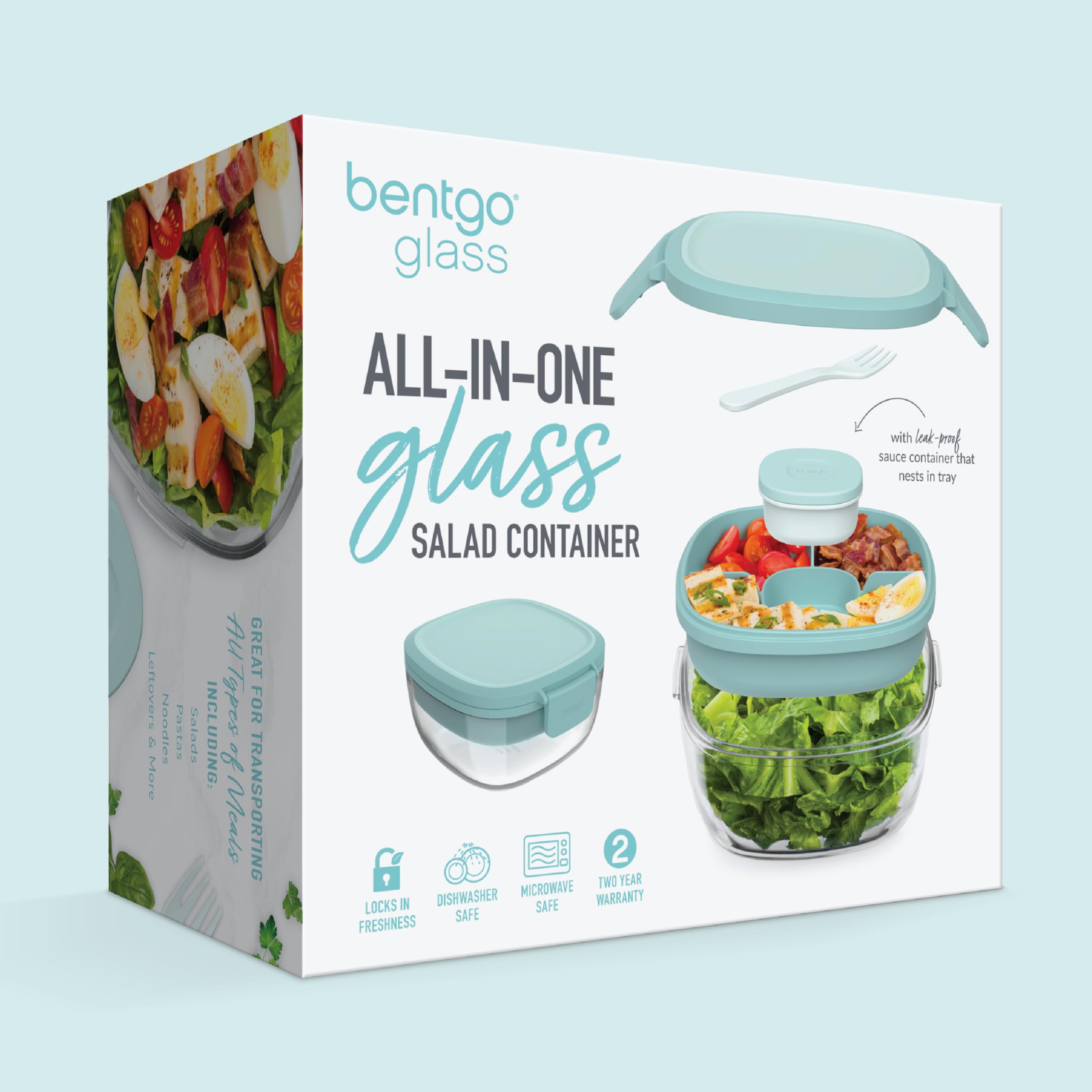 Bentgo Glass Salad Bowl – Airtight Stackable Lunch Container with Toppings Tray & Sauce Cup