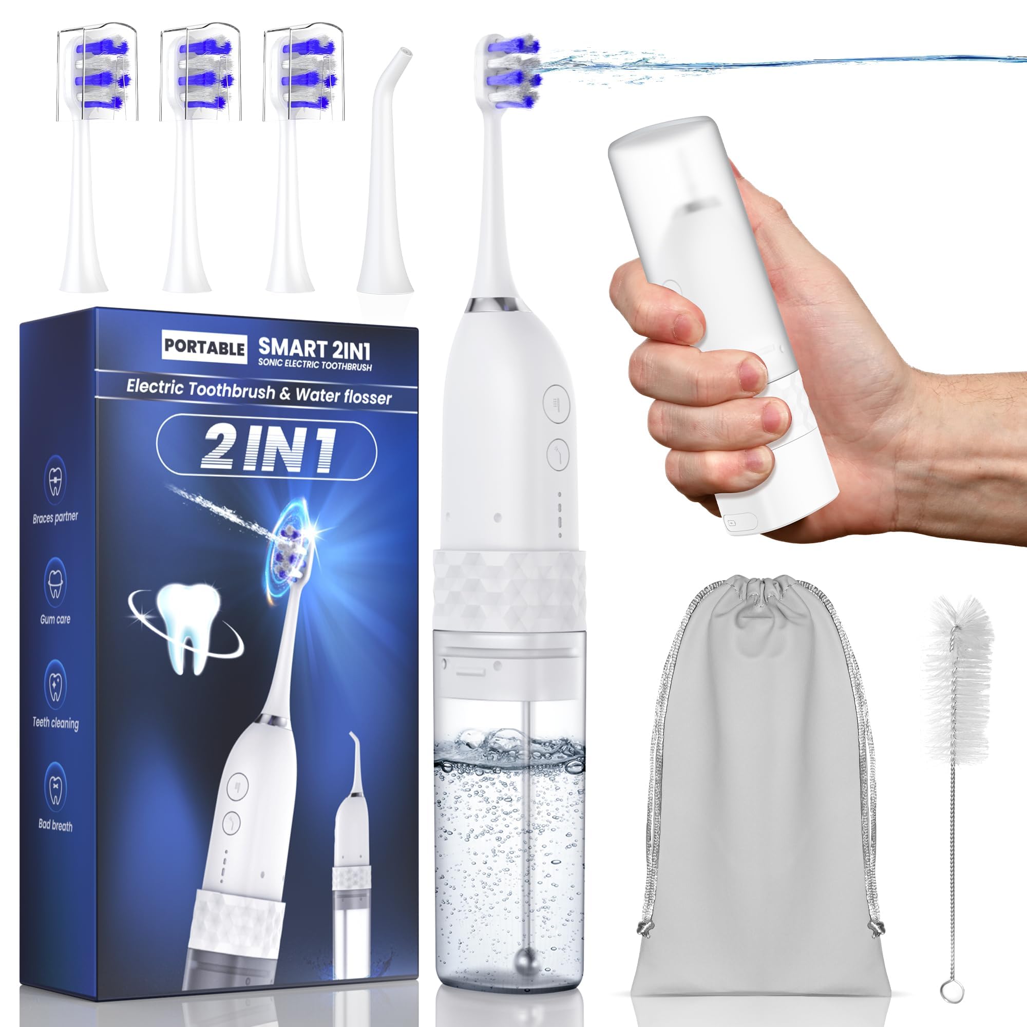 2-in-1 Electric Toothbrush Water Flosser – Portable Cordless Oral Irrigator with 3 Cleaning Modes & Travel Water Tank (White)