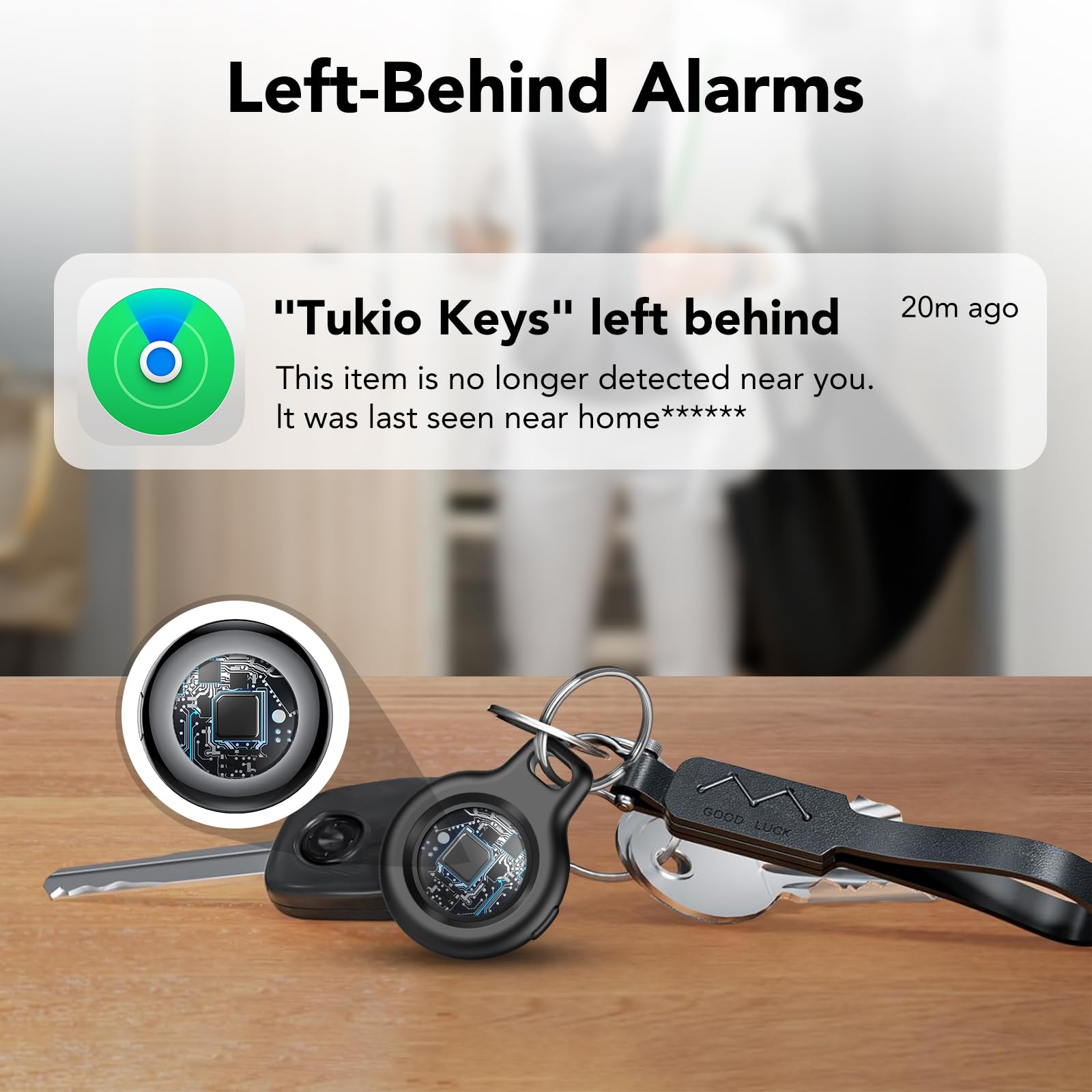 Tukio Bluetooth Tracker Tag 4 Pack, Apple Find My Compatible Item Locator, IP67 Waterproof Smart Key Finder with Loud Alert and Replaceable Battery
