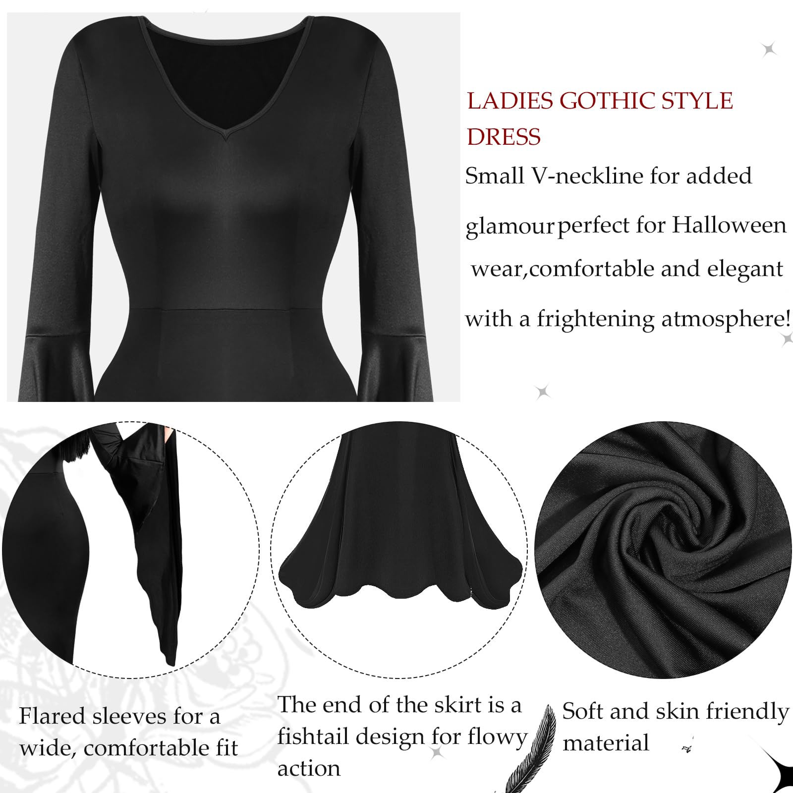 Women’s Gothic Halloween Costume Set – Long Black Dress, Wig, Rose, Ring & Necklace (5pcs)