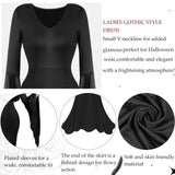 Women’s Gothic Halloween Costume Set – Long Black Dress, Wig, Rose, Ring & Necklace (5pcs)