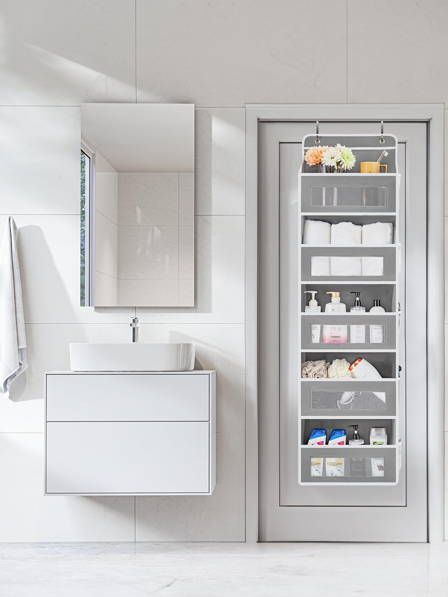 JARLINK Over-The-Door Organizer with 5 Shelves – Heavy-Duty Hanging Storage with Anti-Tilt Design (Grey)