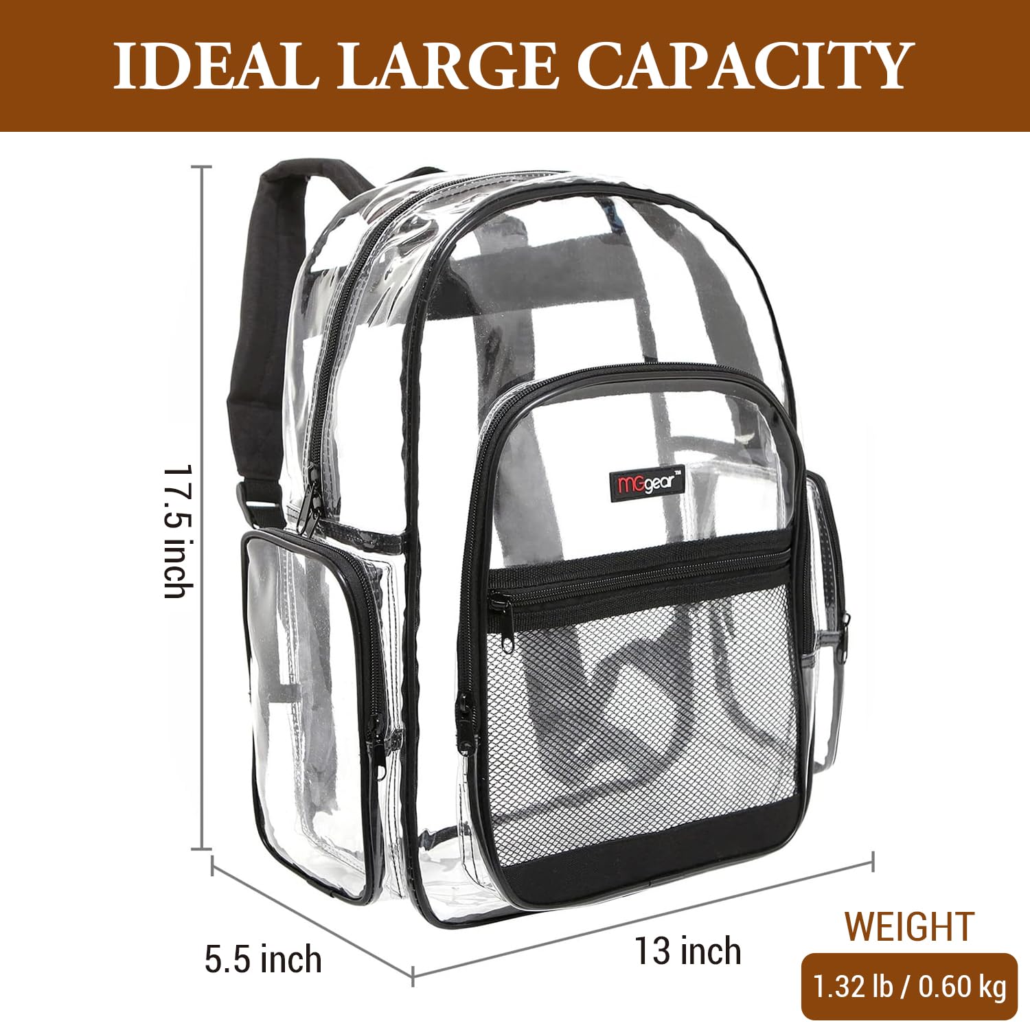 MGgear 17 Inch Clear PVC Backpack with 5 Zipper Compartments – School & Event Bag