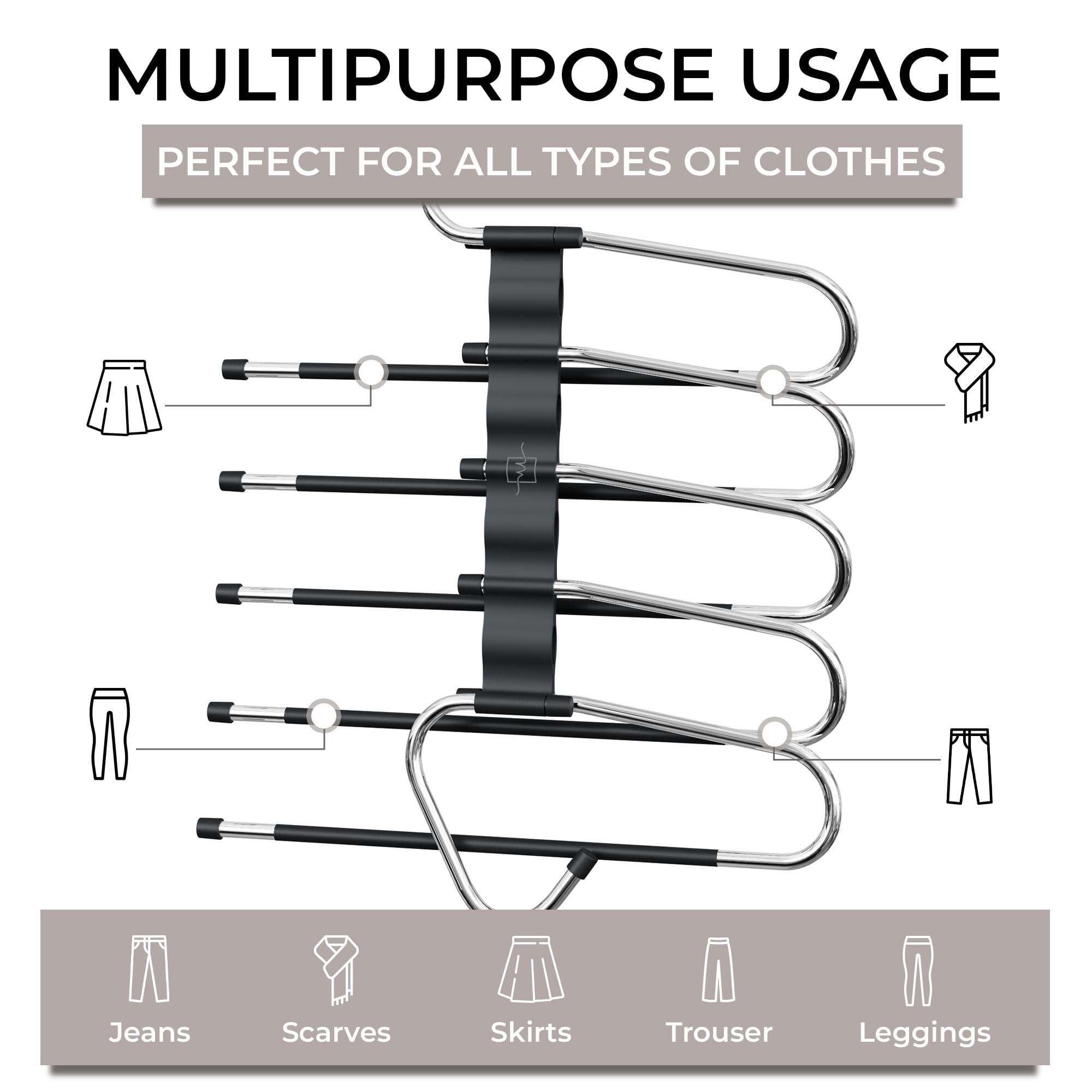 MORALVE Space-Saving Pants Hangers – 5-Tier Non-Slip Multi-Layer Closet Organizer for Trousers & Skirts (Black, 2-Pack)