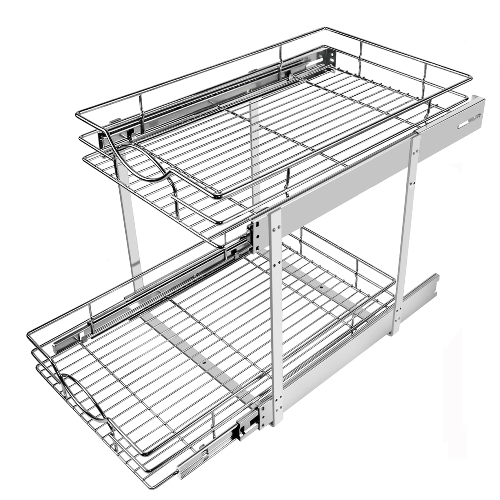 Chrome 2-Tier Pull-Out Cabinet Organizer – Individual Slide-Out Drawers for Wide Base Cabinets