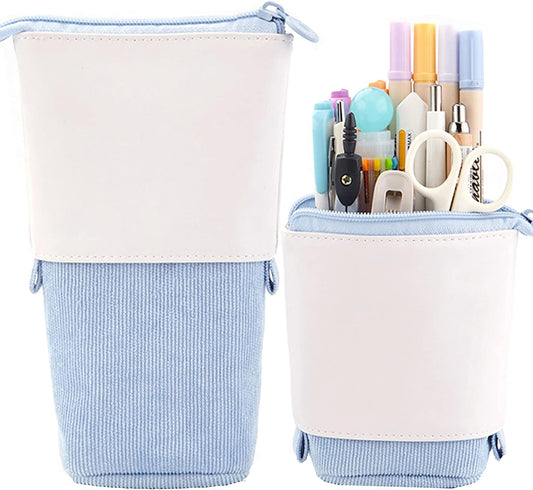 Blue Retractable Corduroy Pencil Case and Pen Holder