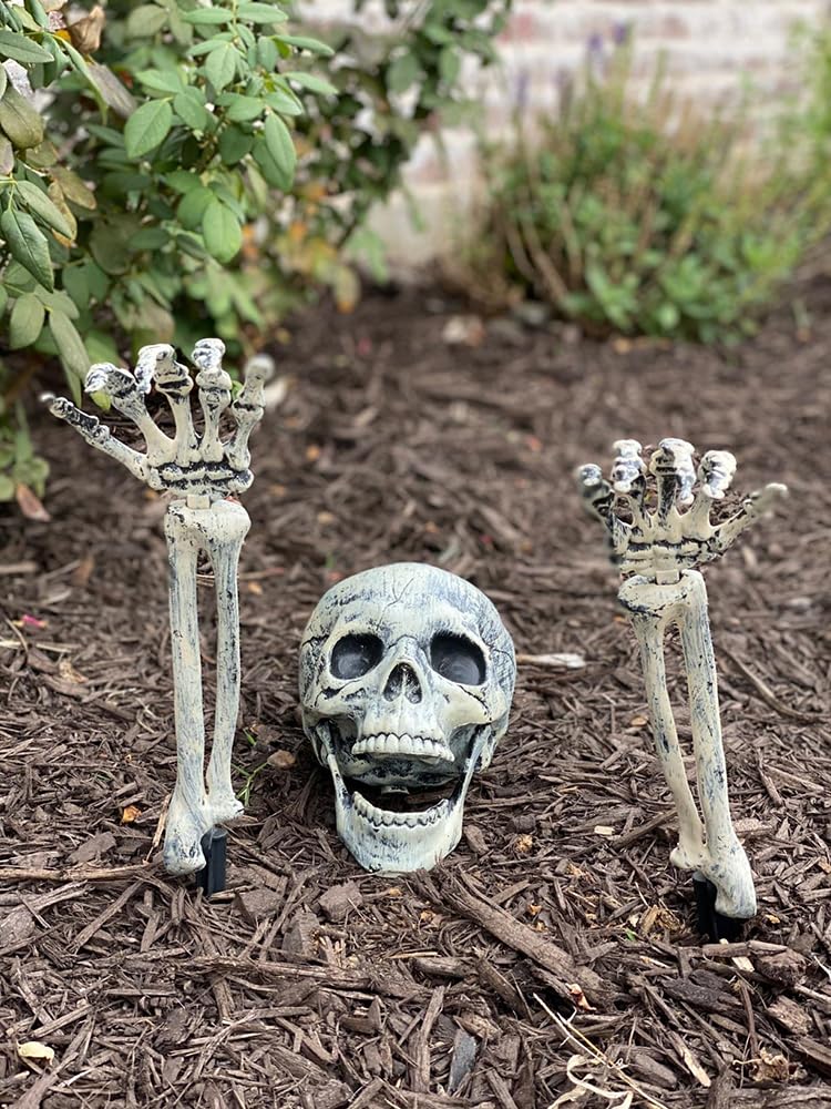 Realistic Skull and Bone Set – Creepy Skeleton Graveyard Halloween Yard Decoration (Gray, 3-Piece Set)