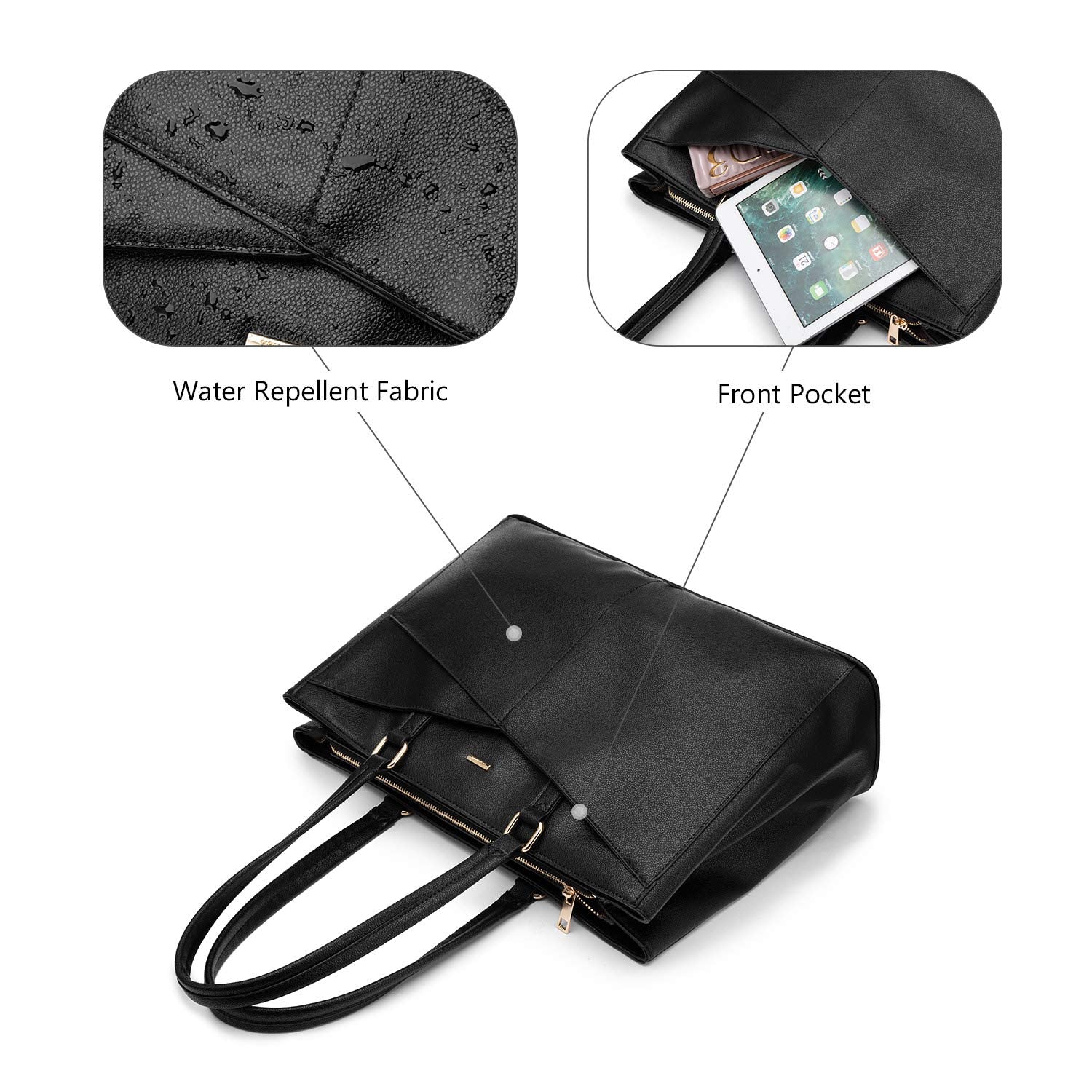 LOVEVOOK Waterproof Leather Laptop Tote Bag for Women – 15.6” Lightweight Business & Office Work Briefcase (Black)