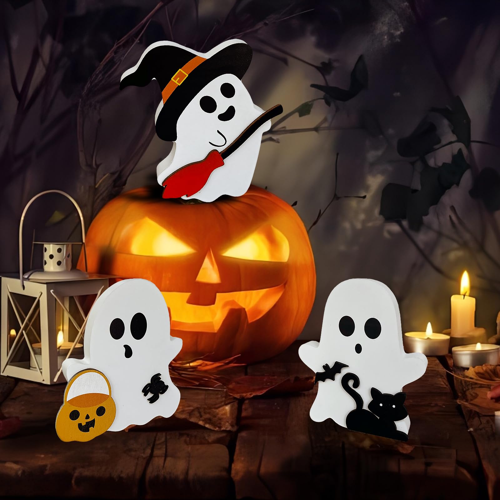 Wooden Ghost Figurines Set – Hand-Painted White Halloween Tabletop Decor for Home, Shelf & Party Display