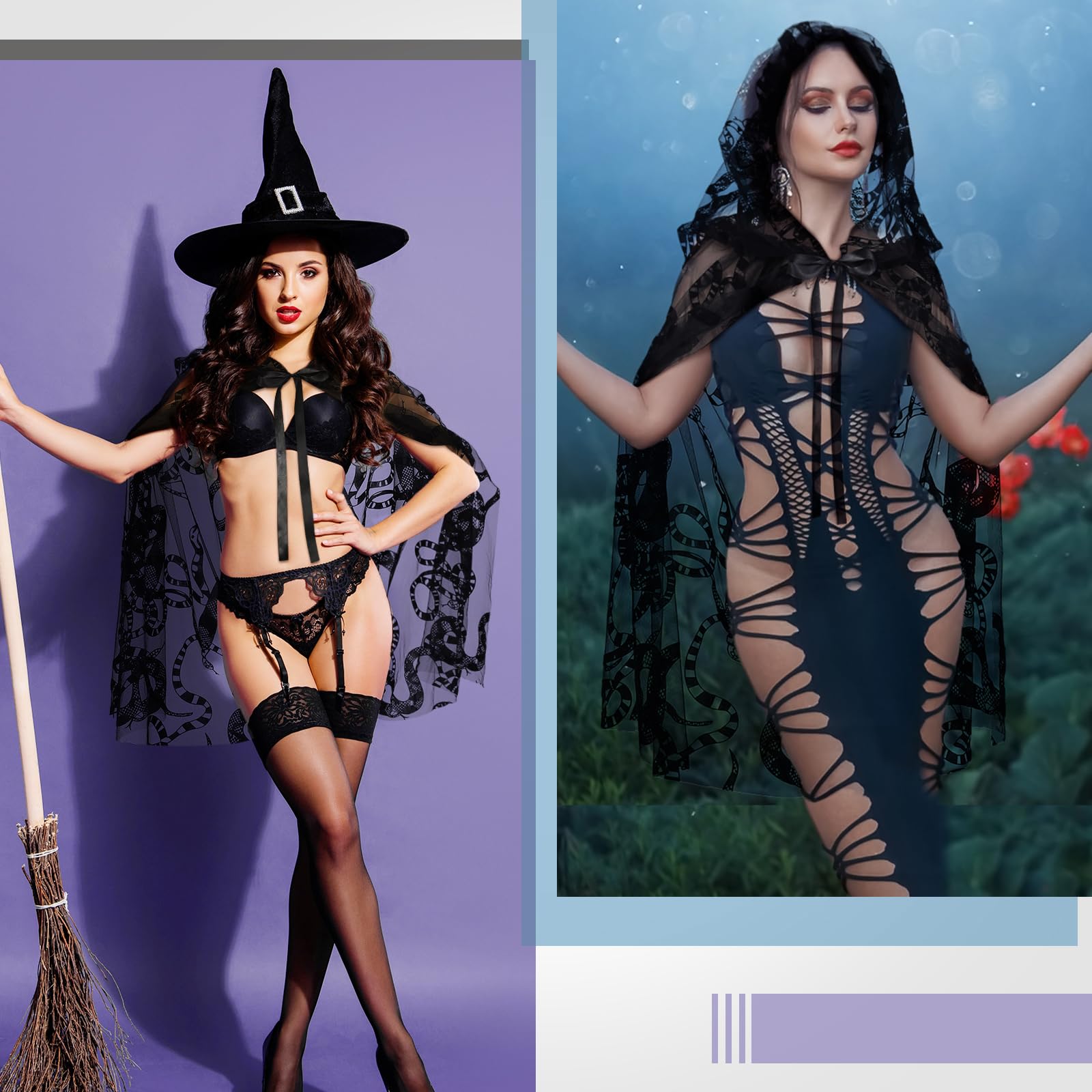 Black Snake Pattern Hooded Cloak – Gothic Lace Cape for Halloween & Cosplay