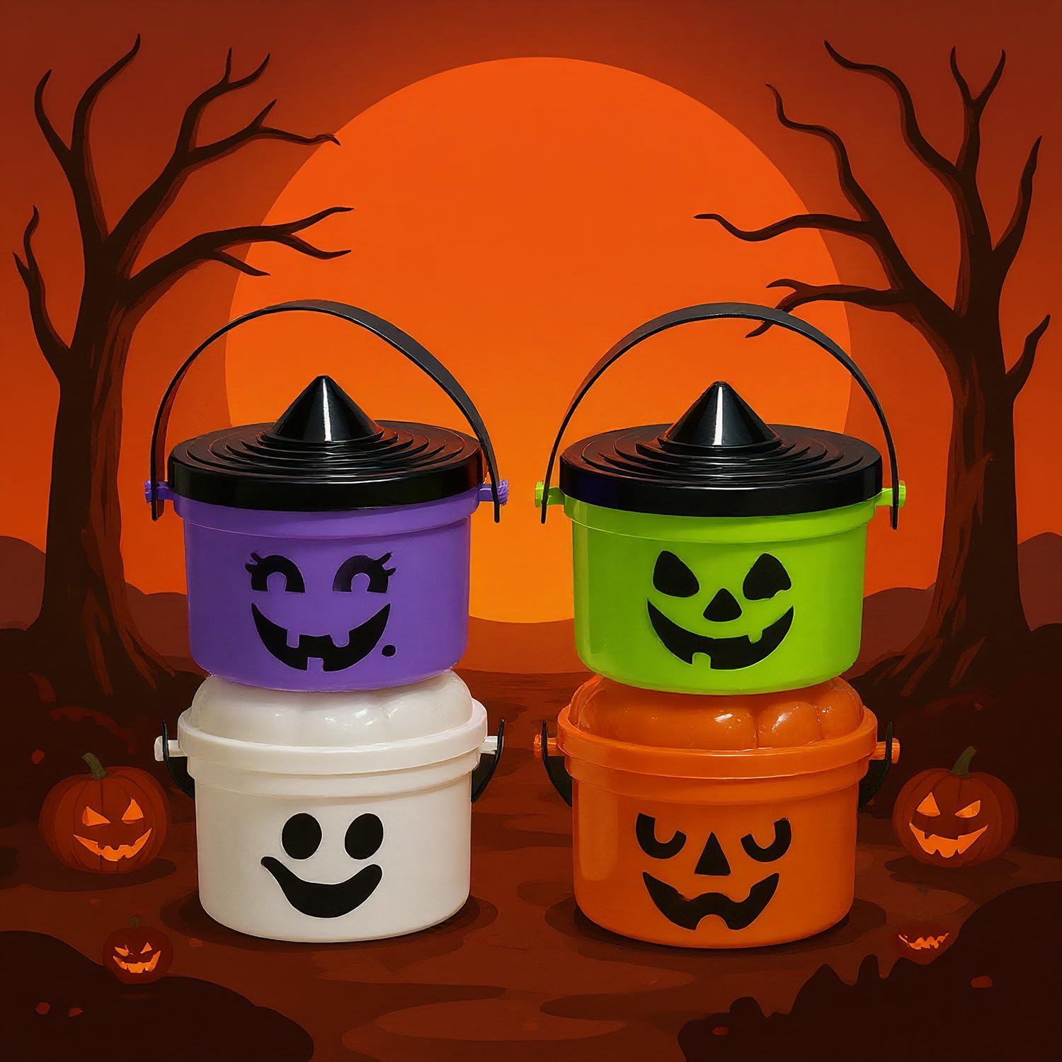 4-Pack Mini Halloween Candy Buckets – Pumpkin, Ghost, Witch & Monster Design Trick-or-Treat Set