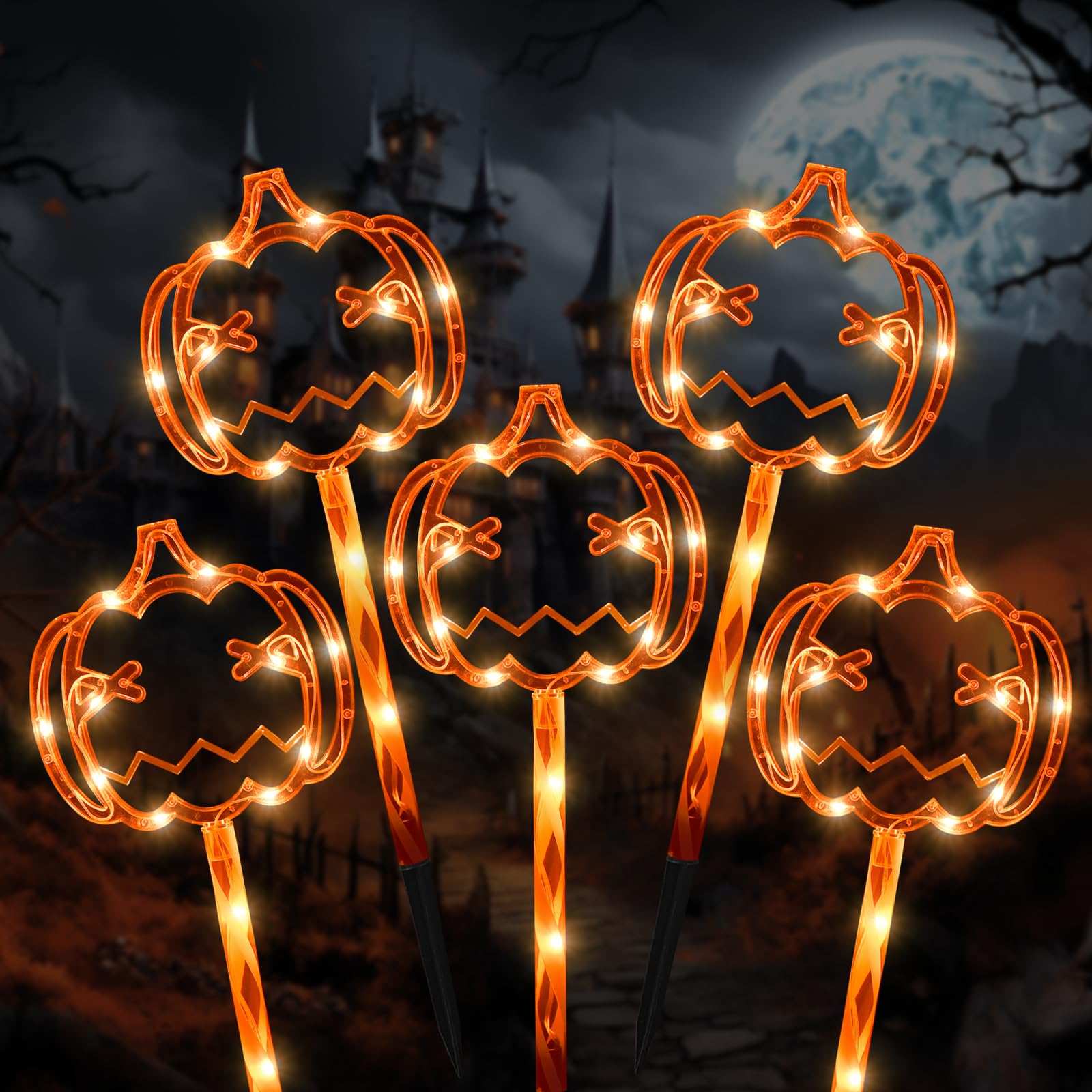 Jack-O’-Lantern Halloween Pathway Lights – 8.8ft Orange LED Pumpkin Stakes with Timer & 8 Lighting Modes (Battery Operated, Waterproof)