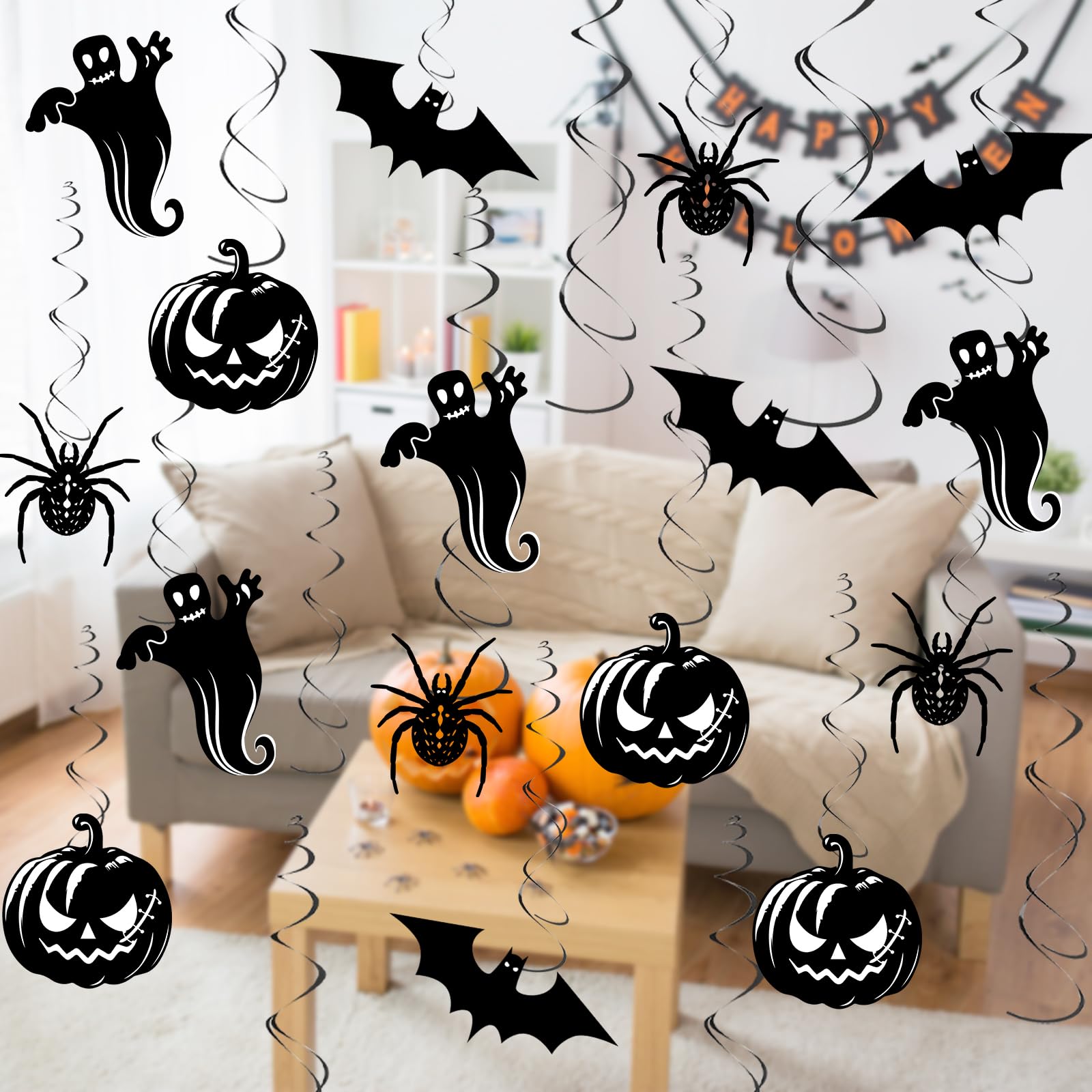 Halloween Hanging Swirl Decorations – 32-Piece Black & White Party Set with Pumpkins, Ghosts, Bats & Spiders