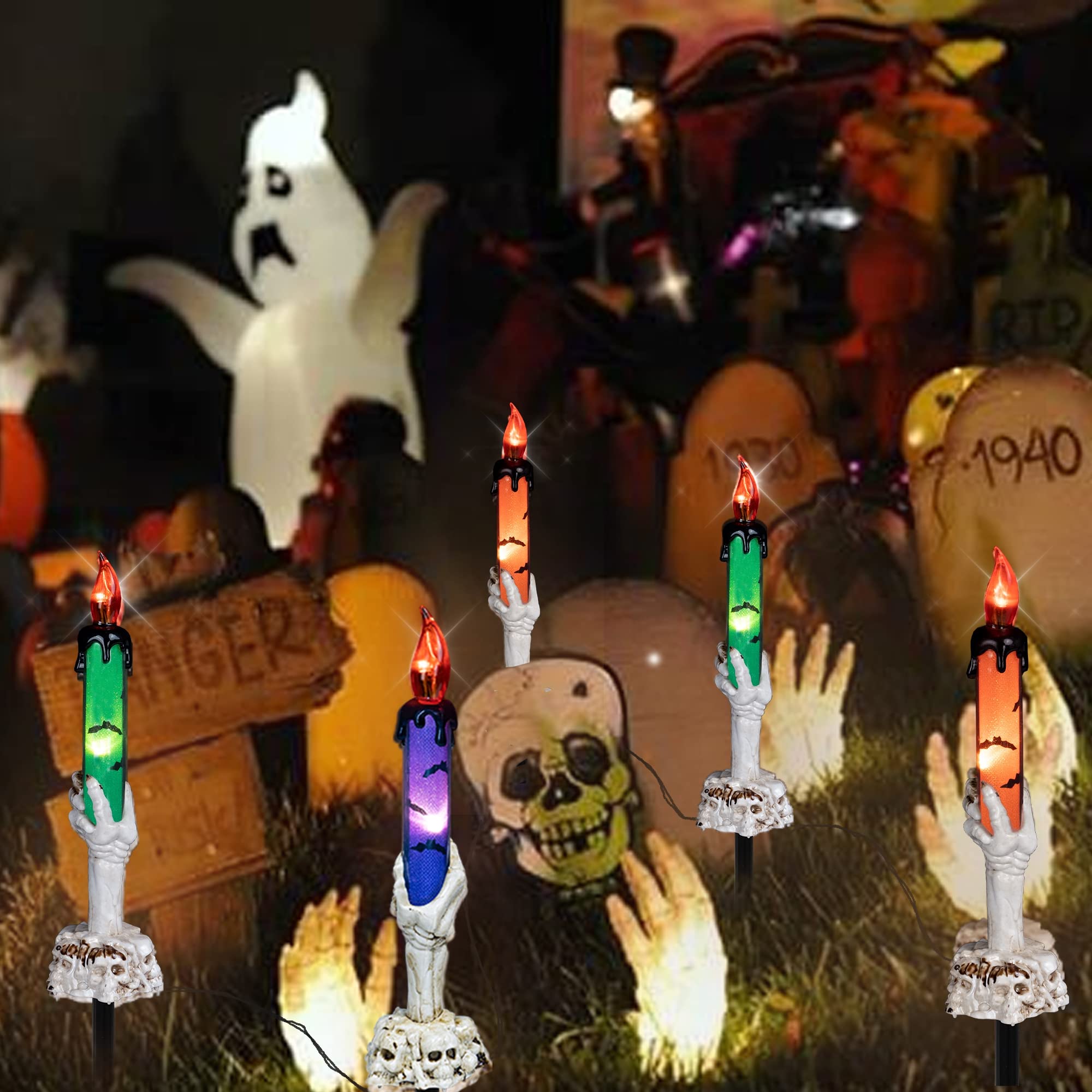 Halloween Skull Candle Light Stakes – 5-Piece LED Yard Decoration Set in Orange, Purple & Green with Timer Function