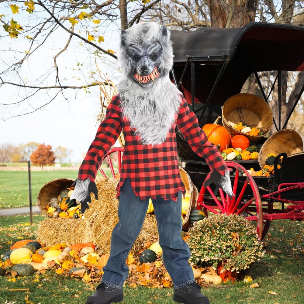 Amscan Hungry Howler Werewolf Costume for Kids, Large (12-14), with Plaid Shirt, Furry Mask and Gloves