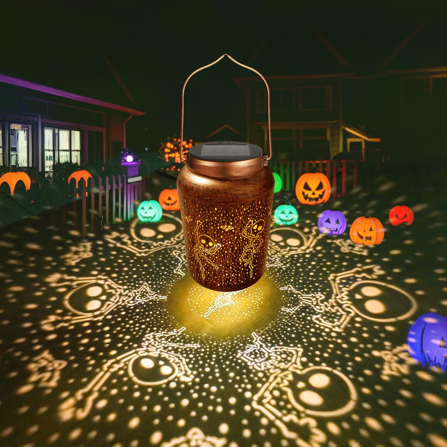 Solar Halloween Lantern – Retro Gold Copper Metal Design with Warm White Light & Auto On/Off (Waterproof Outdoor Decoration)