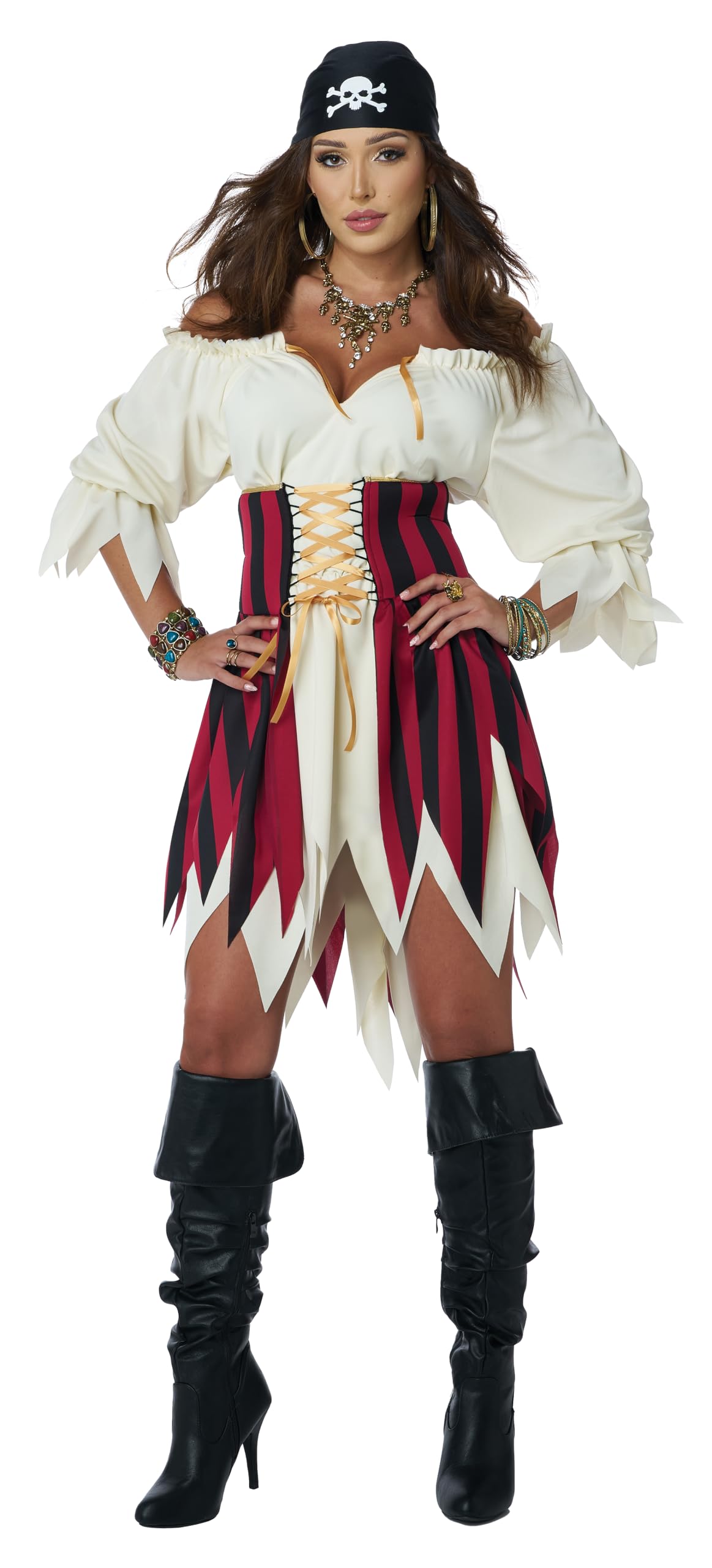 Women’s Sultry Sea Pirate Costume – Black, Red & Cream Renaissance Corset Dress with Bandana for Halloween & Parties