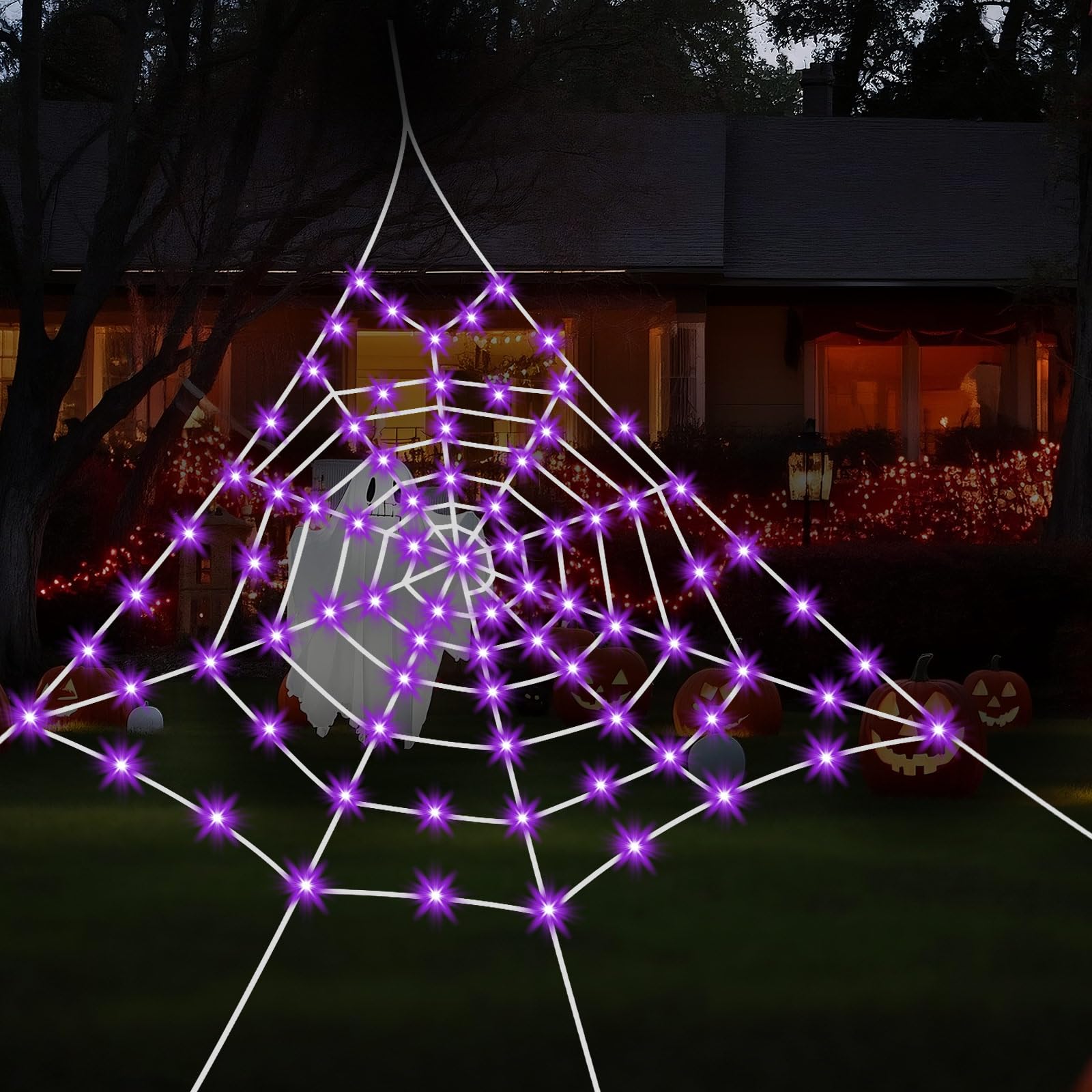 Large Lighted Halloween Spider Web – 250 LED Purple Lights with Hook & Stakes, Weatherproof Outdoor Decoration