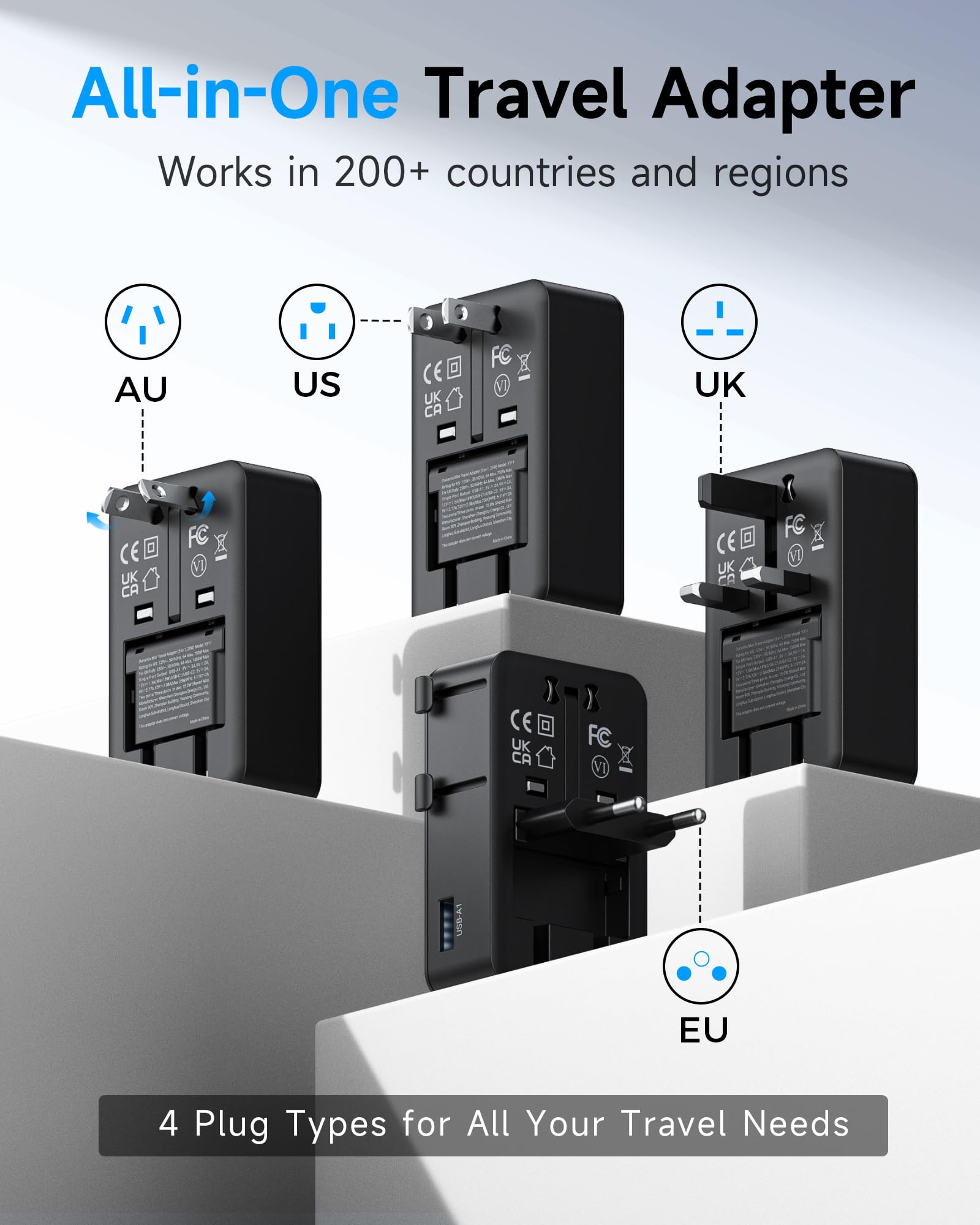 Ultra-Thin Universal Travel Adapter PD 25W – 4-Port Worldwide Power Adapter with USB-C & USB-A (Black)