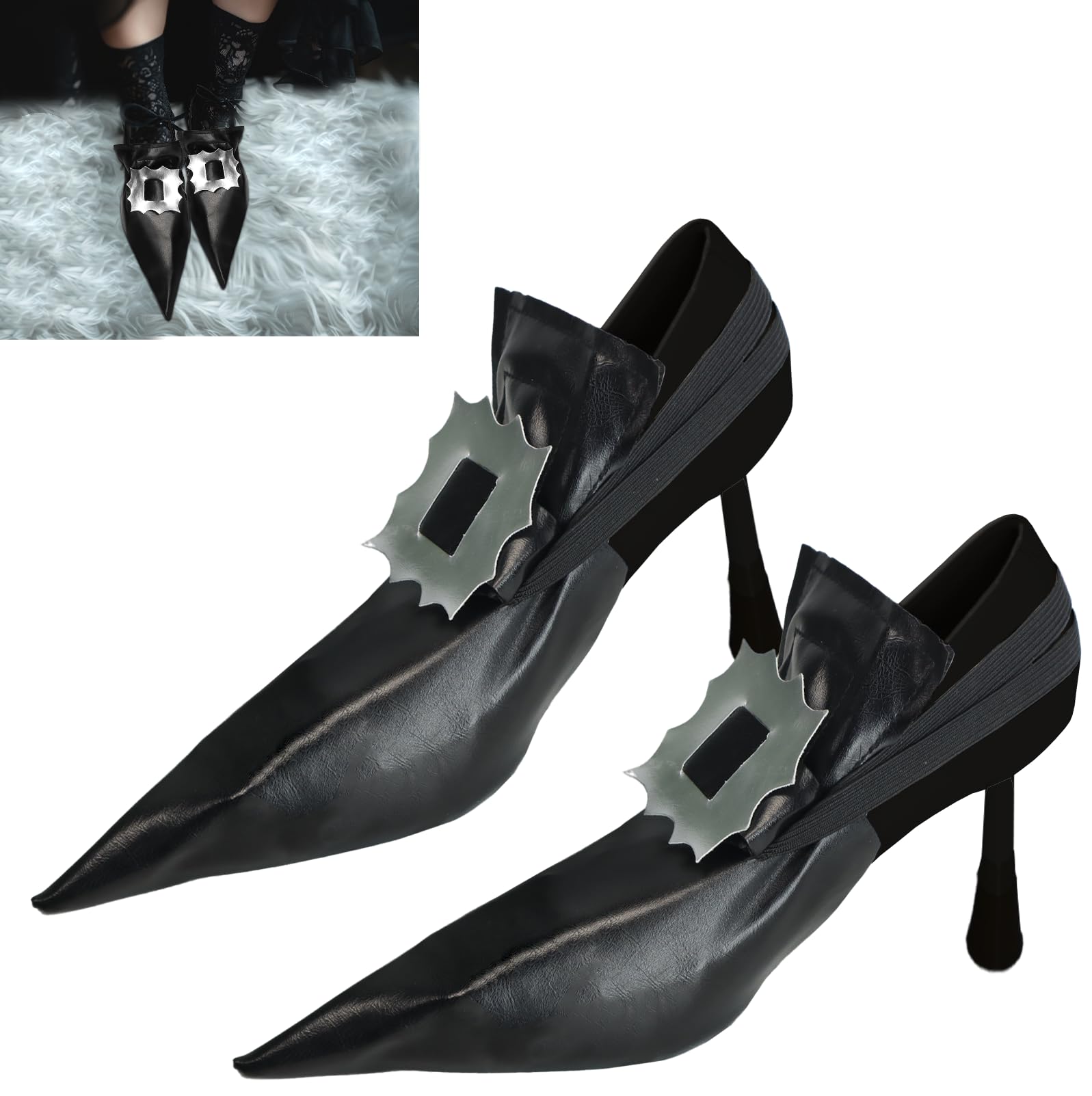 Black Witch Shoe Covers with Buckle – Adjustable Faux Leather Halloween Costume Accessory for Women