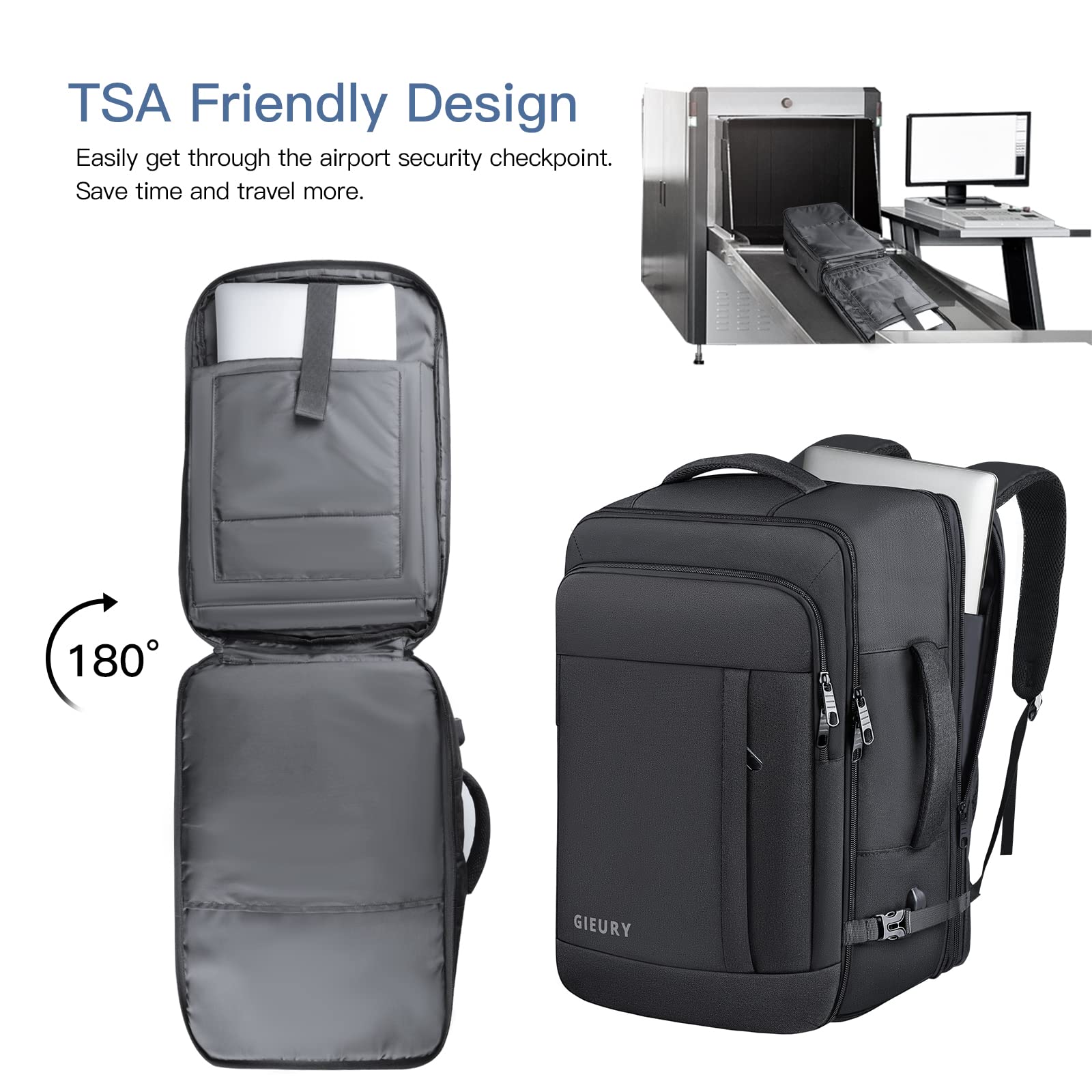 GIEURY 50L Expandable Carry On Travel Backpack with TSA 180° Opening and Shoe Compartment – Black