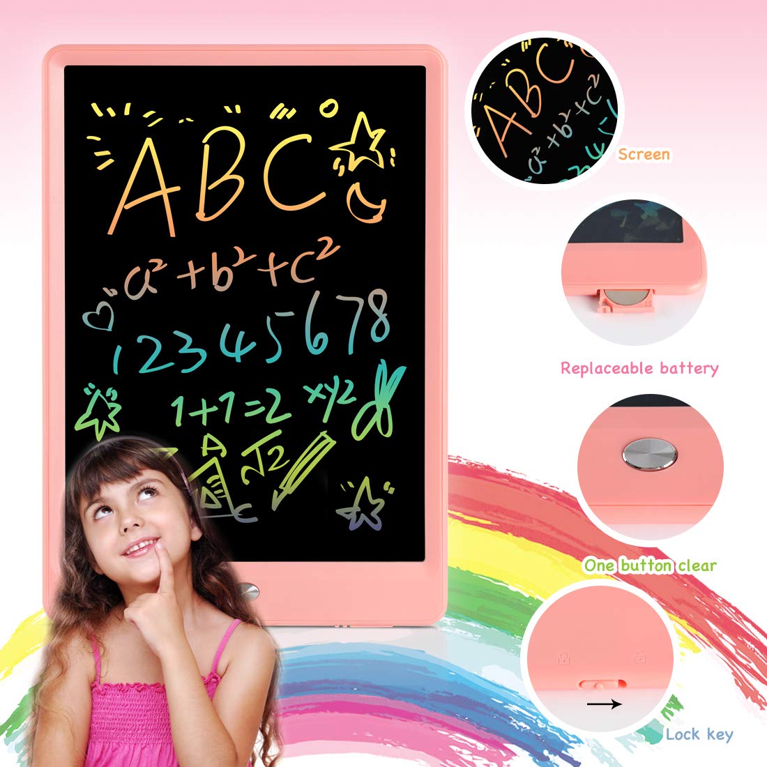 ORSEN 10” Color LCD Writing Tablet for Kids – Reusable Doodle Drawing Board with Eye-Safe Screen (Pink)