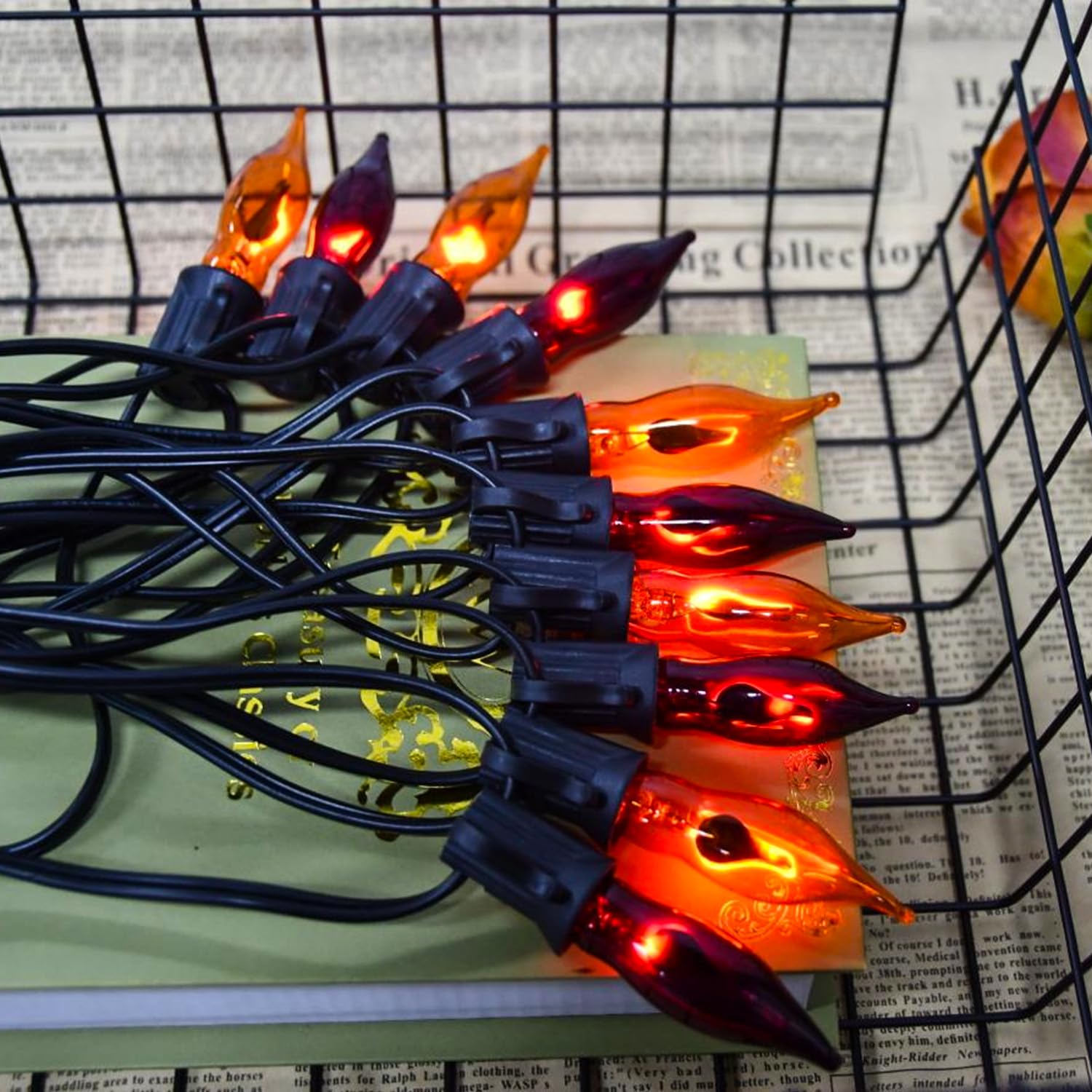 Halloween Flickering Flame String Lights – 12.8Ft, 10 Orange & Purple Bulbs with Black Wire, UL Certified Outdoor Décor