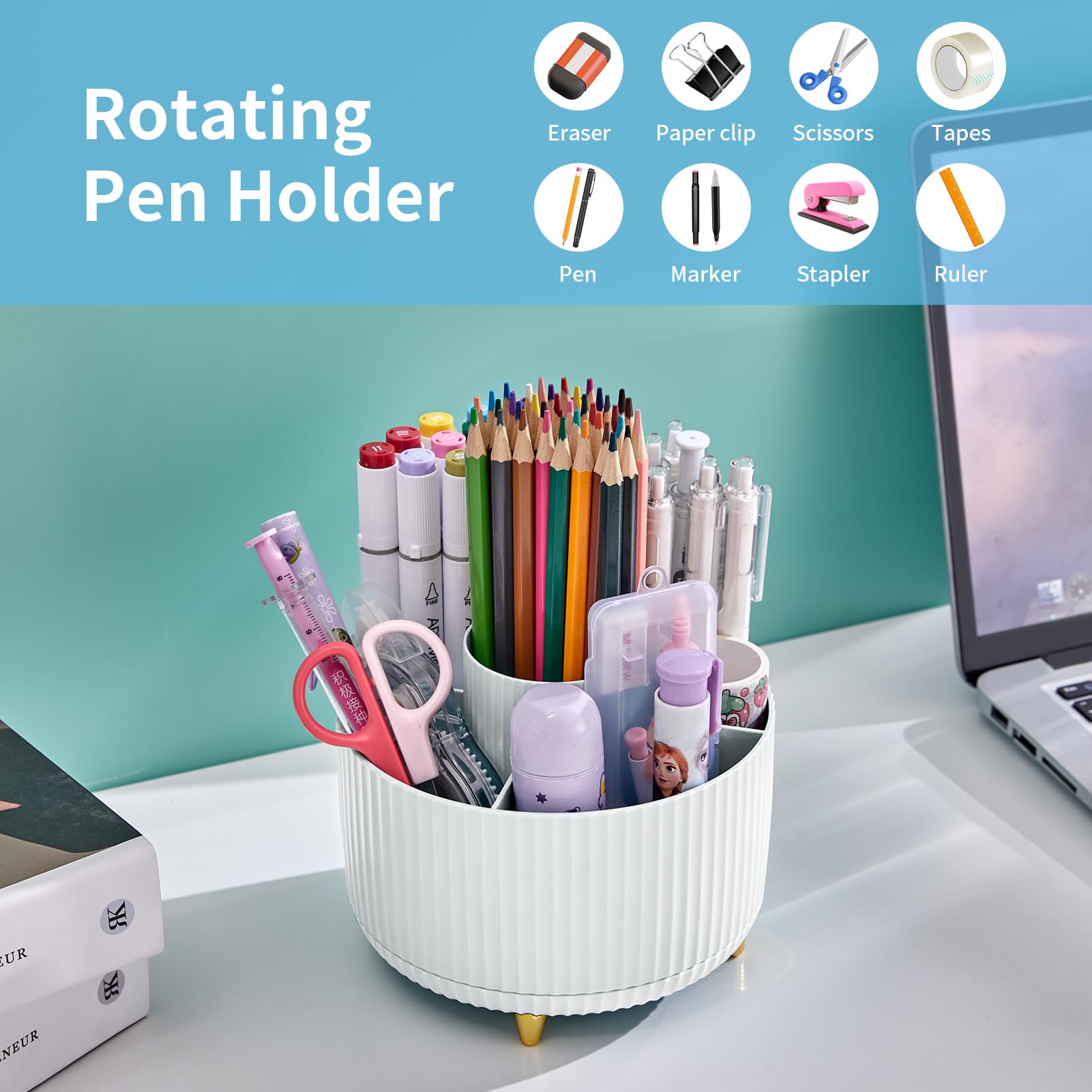 MARBRASSE 360° Rotating Desk Organizer – 5-Compartment Pen Holder & Desktop Storage Caddy for Office & Home
