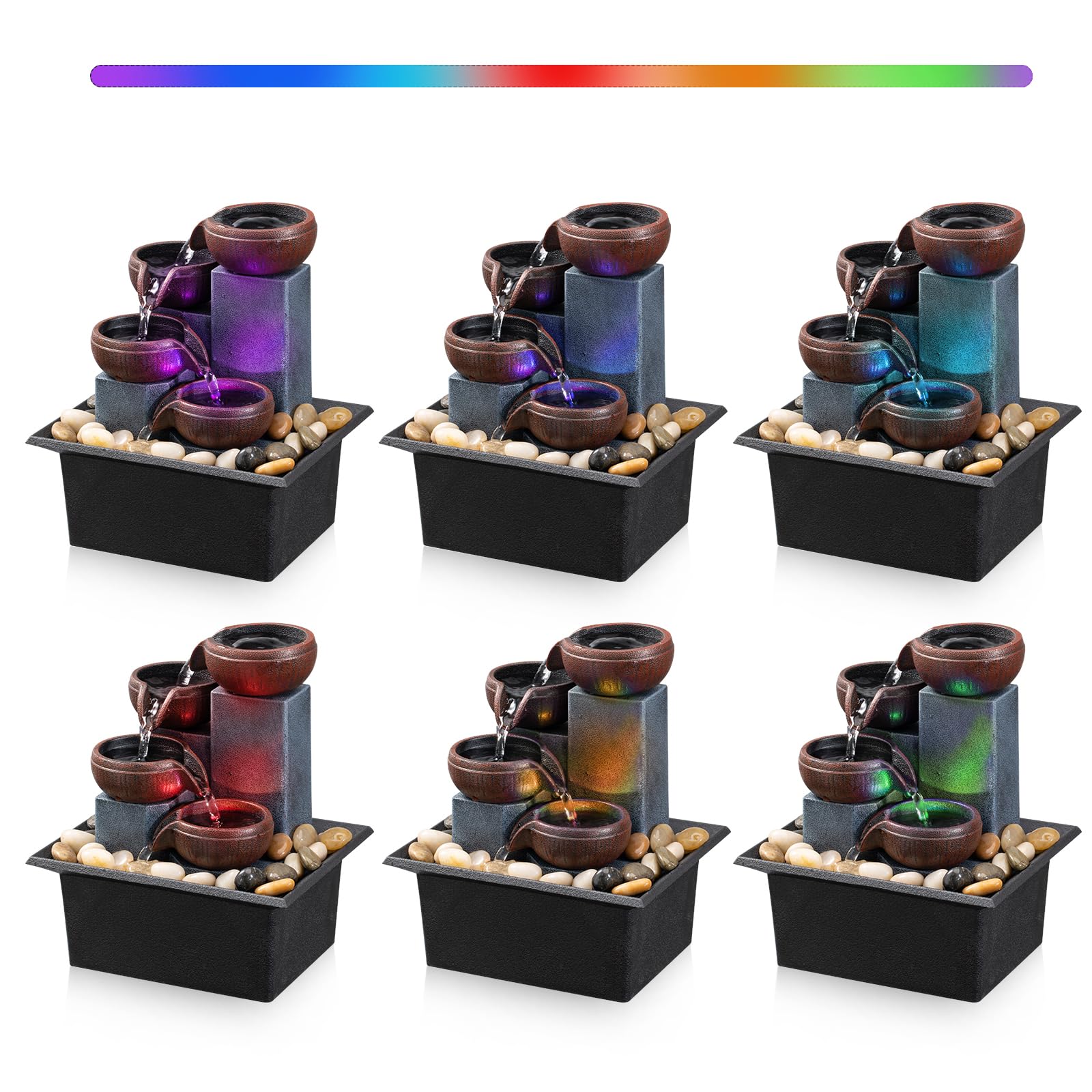 4-Level Tabletop Waterfall Fountain with LED Light & Natural Rocks – Indoor Meditation Decor (Brown)