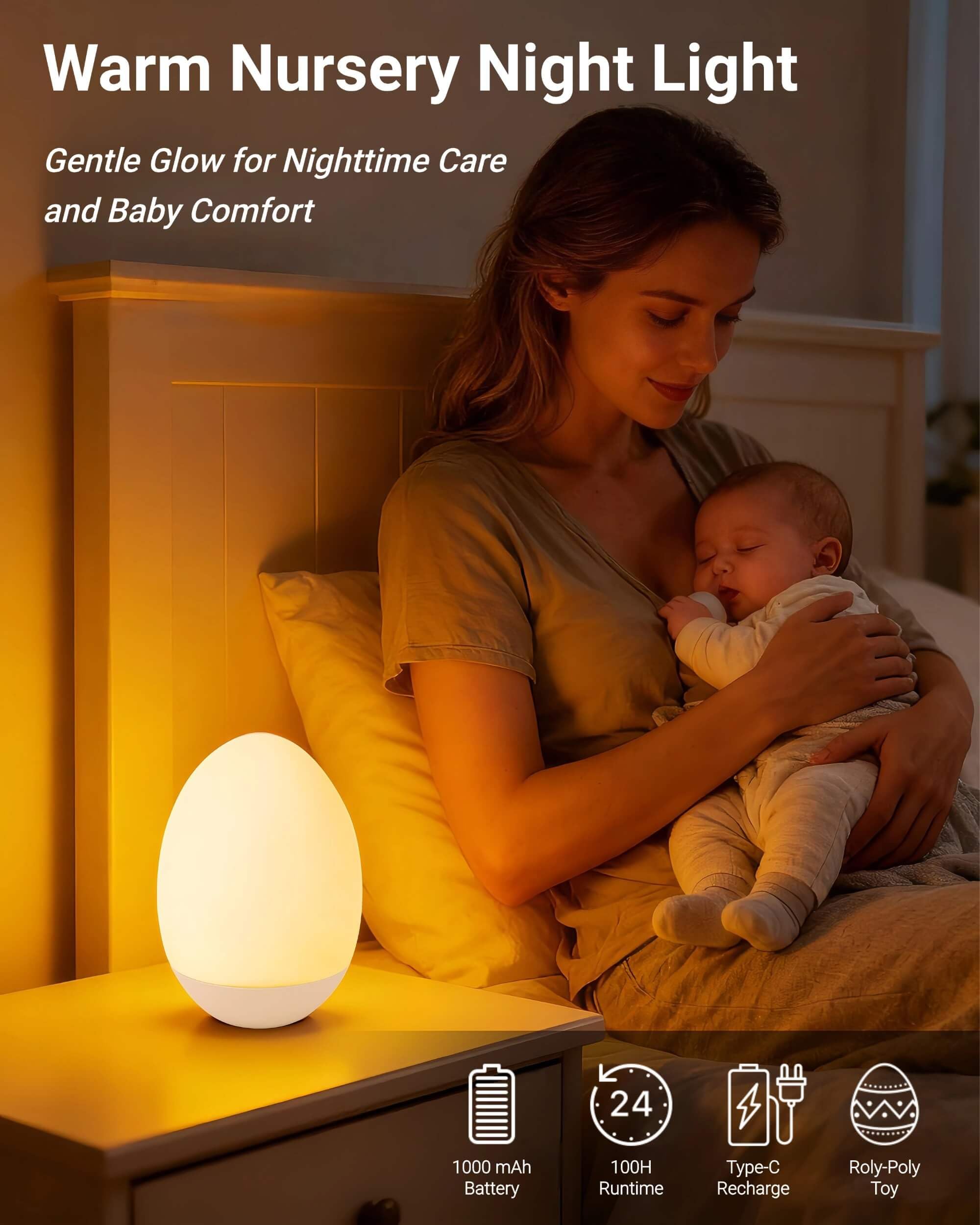 Rechargeable Egg Night Light for Baby Nursery – Touch Control RGB Dimmable Silicone Lamp for Kids & Breastfeeding