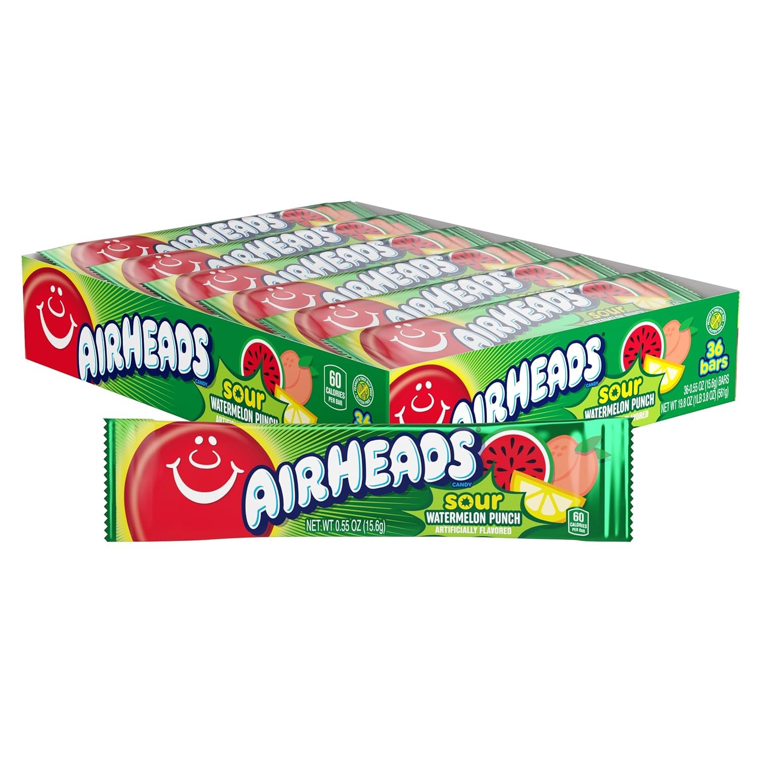 Airheads Sour Taffy Candy Bars – 36 Count Full-Size Pack (Sour Watermelon Punch Flavor)