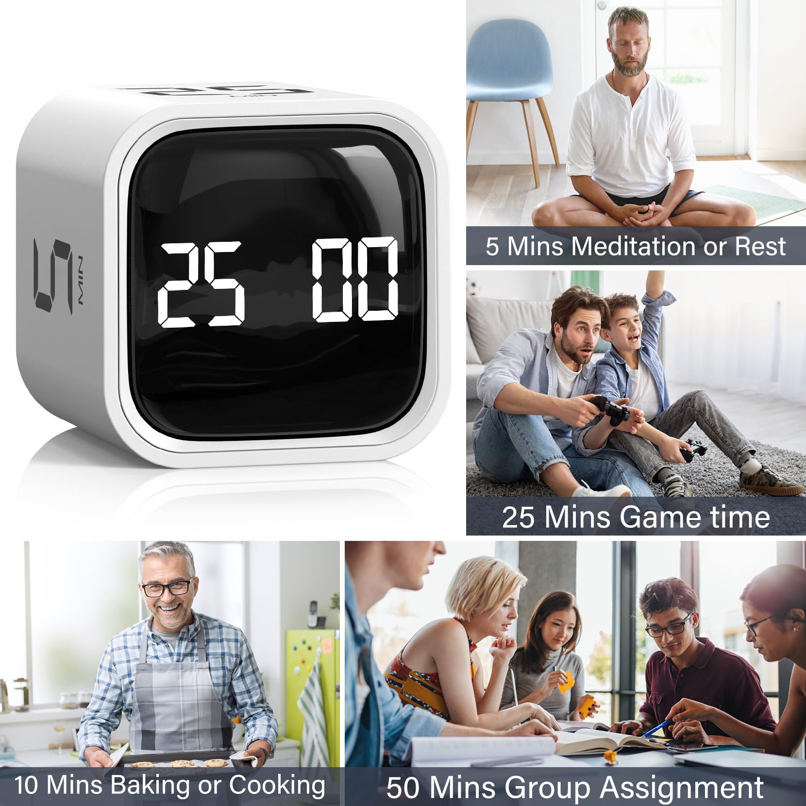 Rotating Pomodoro Timer Cube with Gravity Sensor, Preset 5/10/25/50 Min, Custom Countdown & Stopwatch, Silent Vibration Desk Timer for Work, Study & Kitchen – White