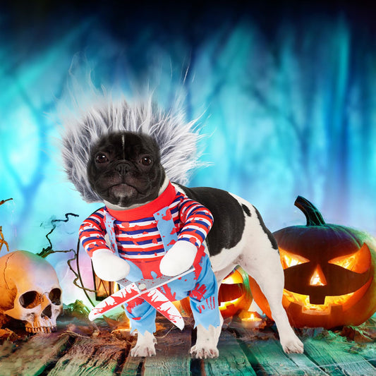 Funny Killer Dog Halloween Costume – Blue Scary Doll Outfit with Bloody Scissors & Wig