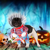 Funny Killer Dog Halloween Costume – Blue Scary Doll Outfit with Bloody Scissors & Wig