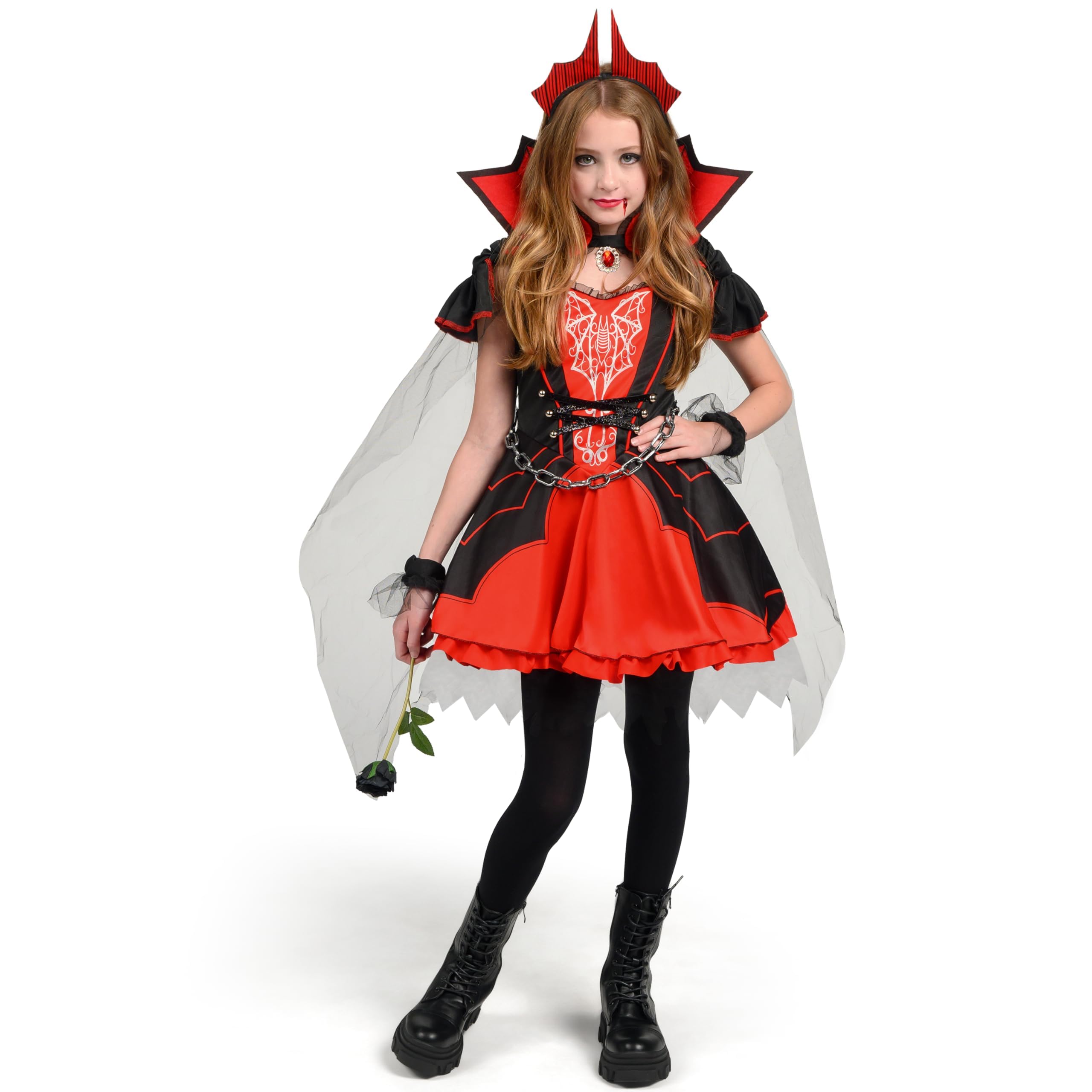 Girls Red Vampire Queen Costume Set – Dress, Cape, Gloves, Necklace & Headband (Sizes 5–16)