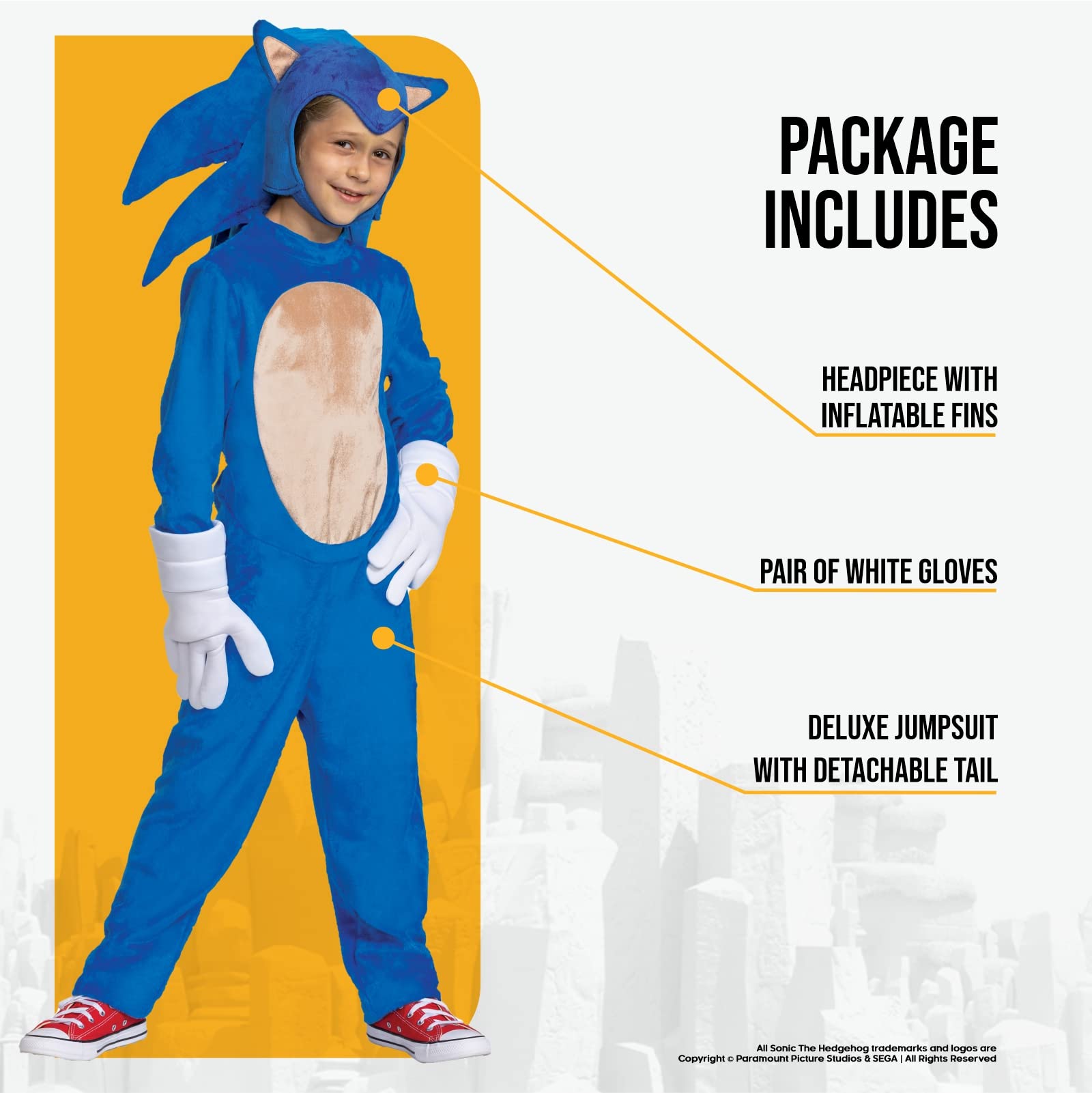 Kids Deluxe Sonic the Hedgehog Costume – Jumpsuit with Headpiece, Gloves & Tail for Halloween or Cosplay