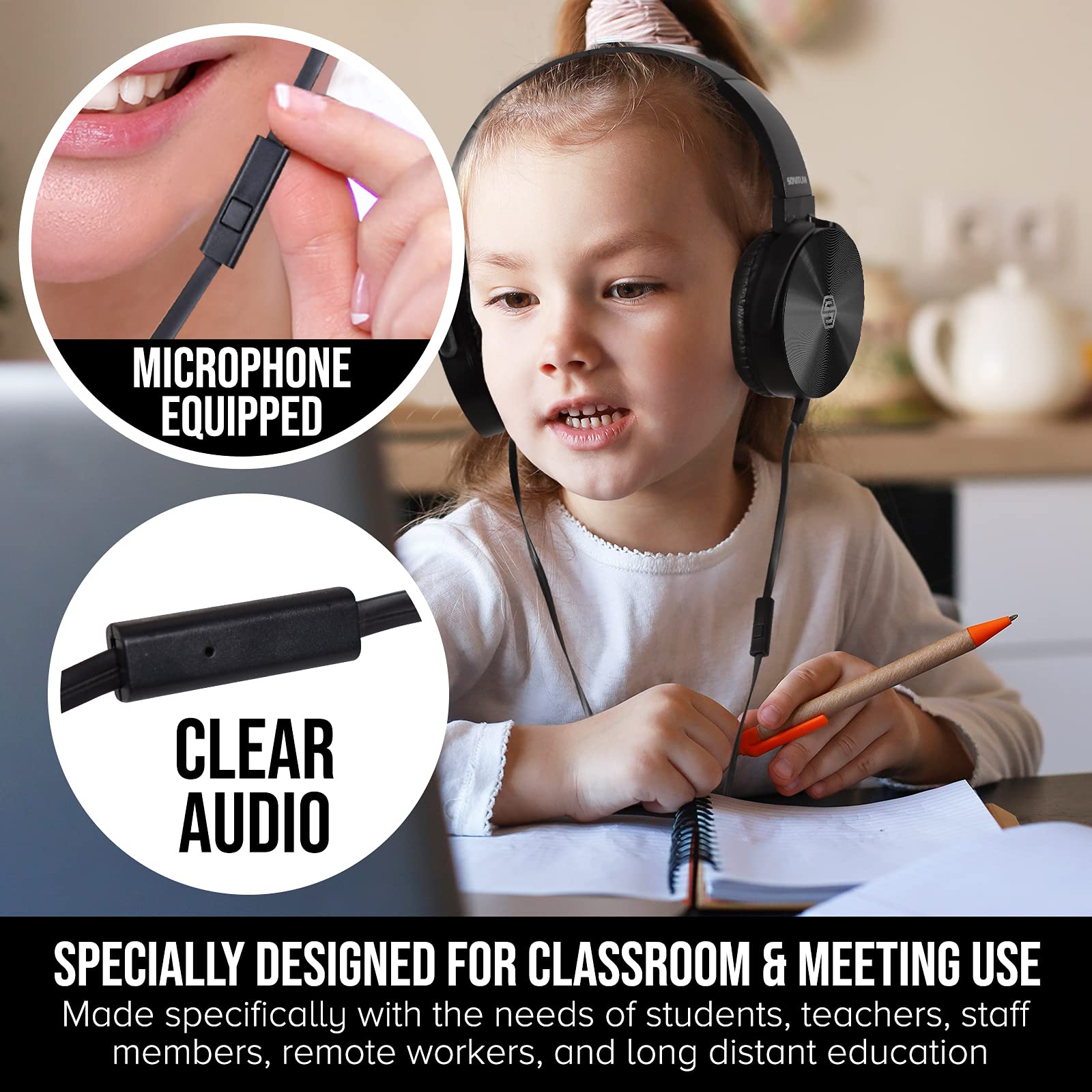 Sonitum Classroom Headphones Bulk 10-Pack – On-Ear Student Headsets with Mic for School