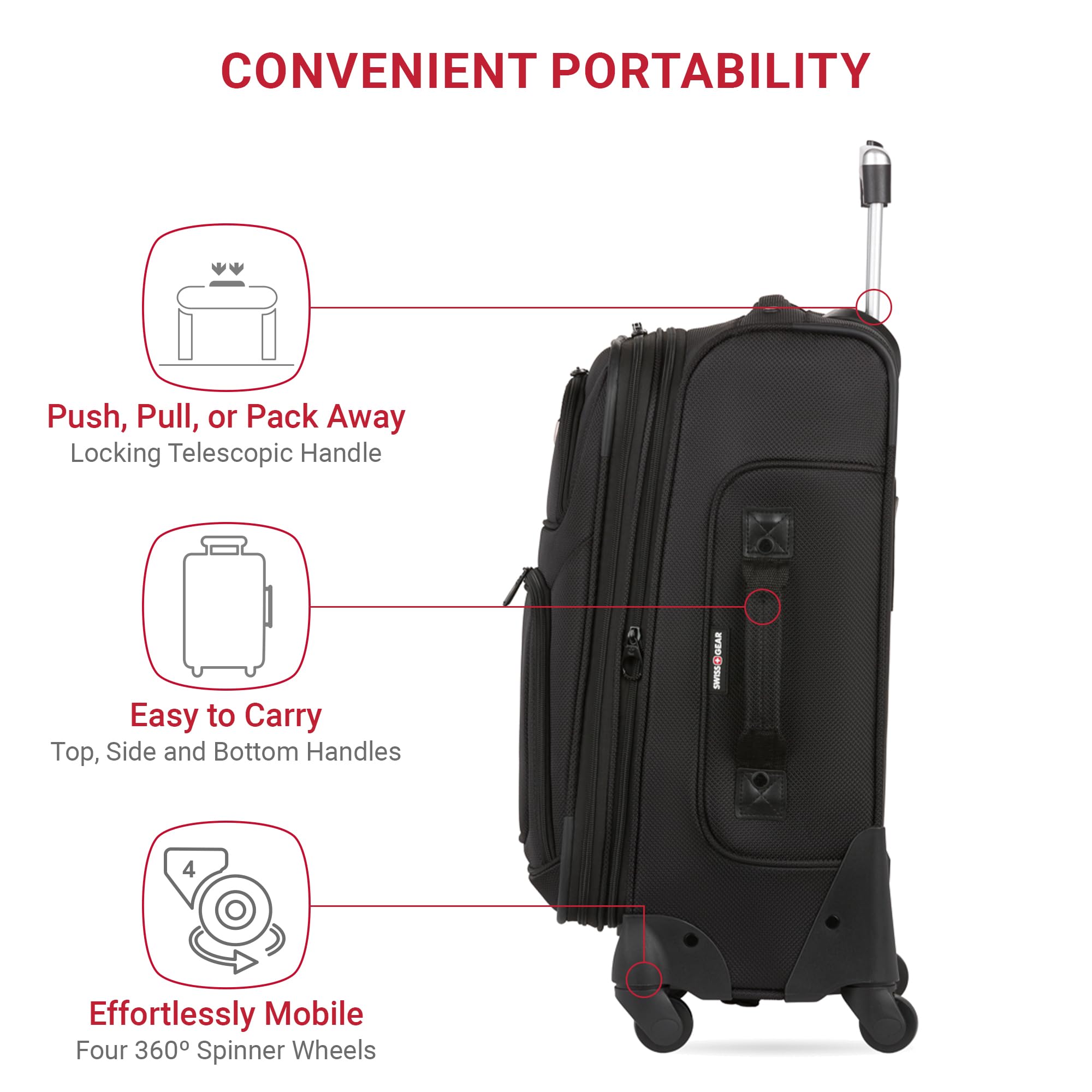 SwissGear Sion Softside Expandable Carry-On Luggage 21”, 360° Spinner Wheels Lightweight Travel Suitcase (Black)