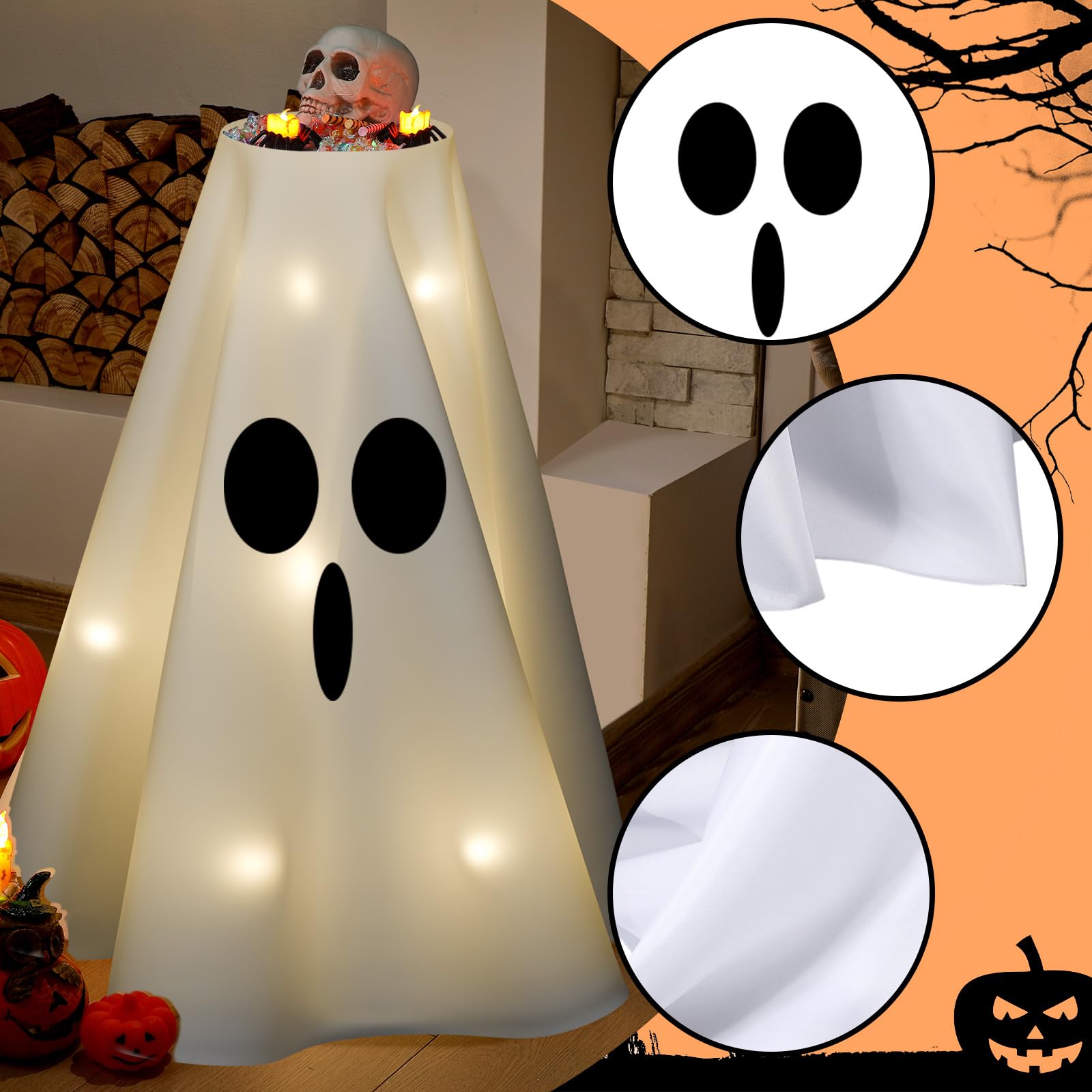 Light-Up Ghost Candy Bowl Decoration with LED String Lights – 63” Halloween Table Cover Set (White & Black)