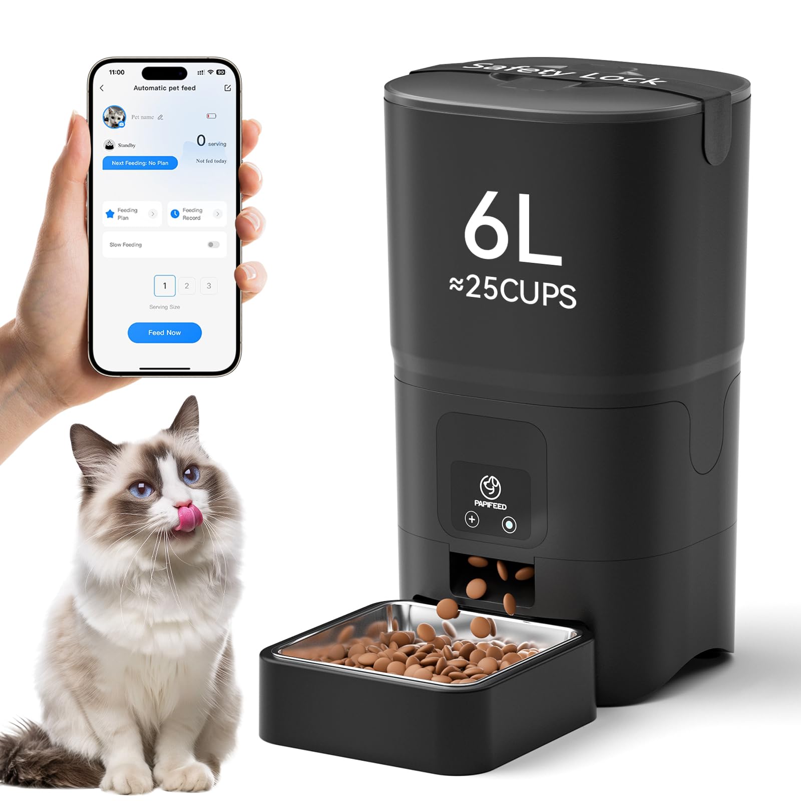 Smart WiFi Automatic Pet Feeder with App Control, 6L Food Storage, Portion Scheduling, and Stainless Steel Bowl for Cats and Dogs