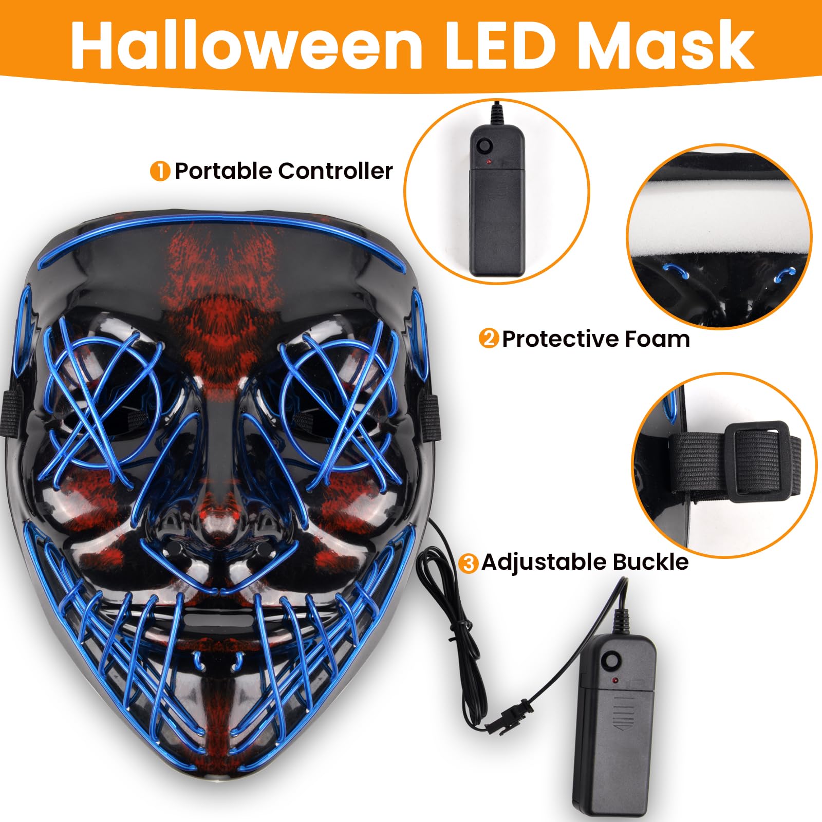 Halloween LED Light-Up Costume Set – Blue Purge Skeleton Mask, Glow Gloves, Shoelaces & Hooded Cloak for Kids & Adults