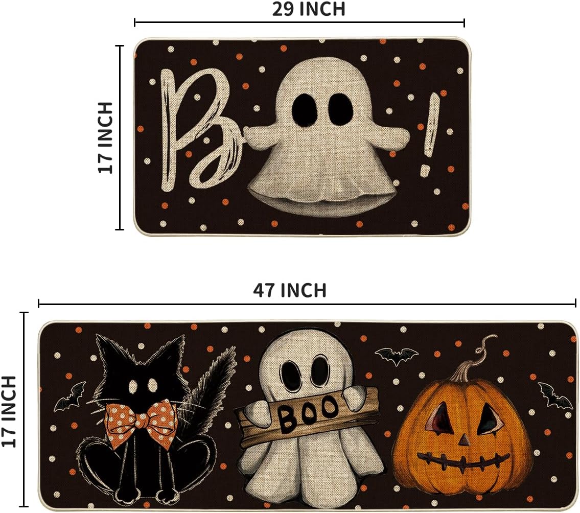 Artoid Mode Bats Black Cats Boo Pumpkin Halloween Kitchen Mats Set of 2, Home Decor Low-Profile Kitchen Rugs for Floor - 17x29 and 17x47 Inch