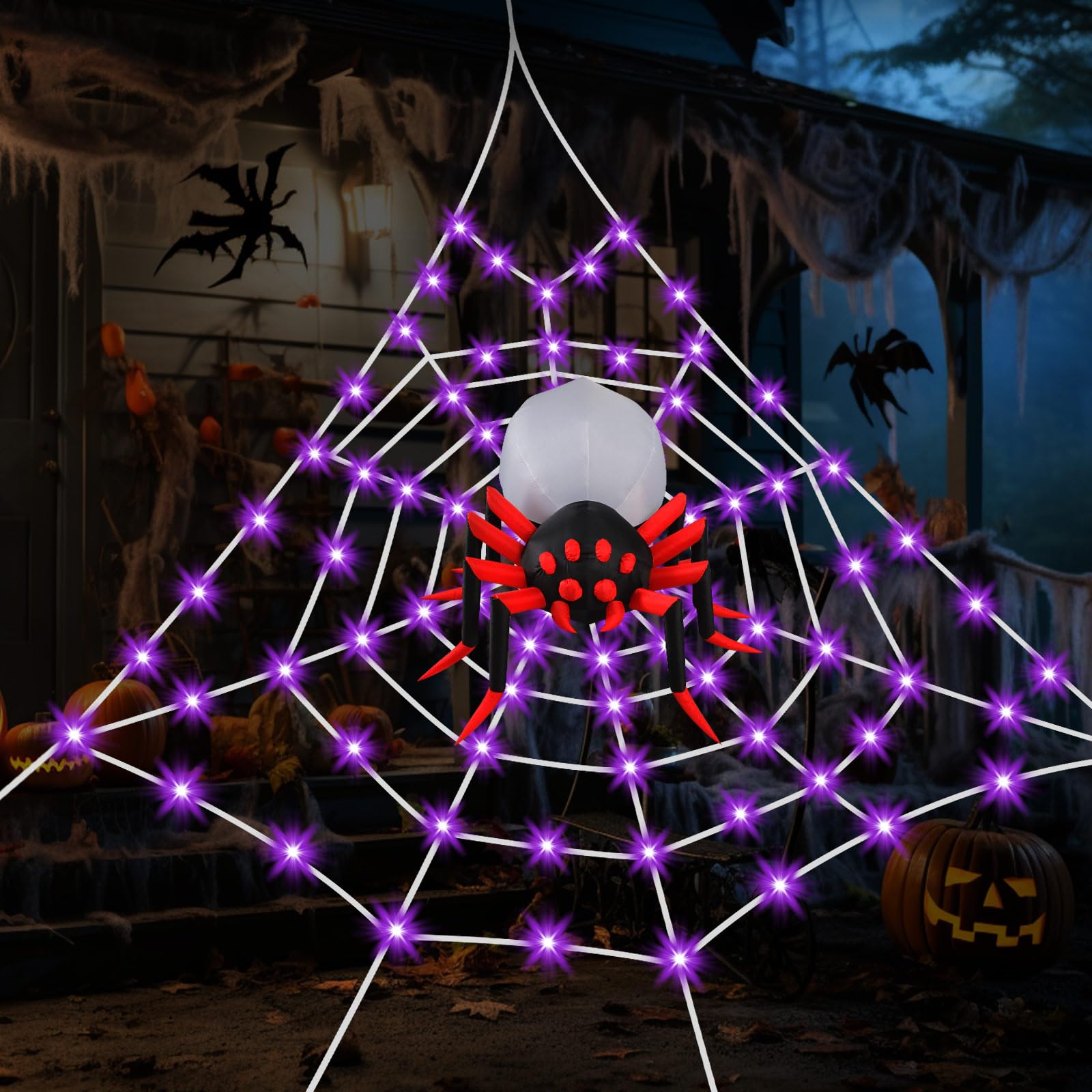 Large Lighted Halloween Spider Web – 250 LED Purple Lights with Hook & Stakes, Weatherproof Outdoor Decoration