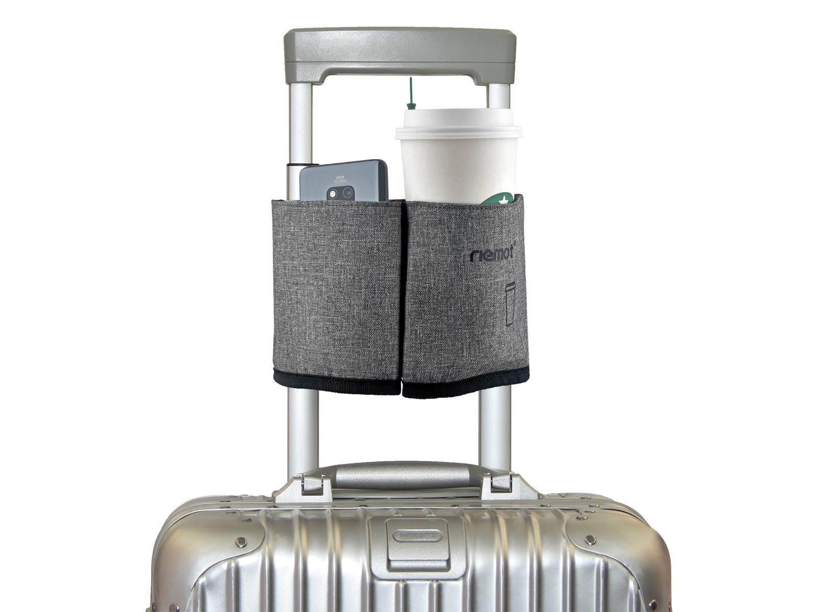 Suitcase Cup Holder for Luggage Handle – Travel Drink Holder with Phone & Passport Pocket