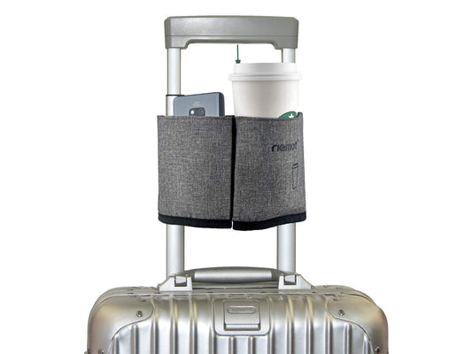 Suitcase Cup Holder for Luggage Handle – Travel Drink Holder with Phone & Passport Pocket