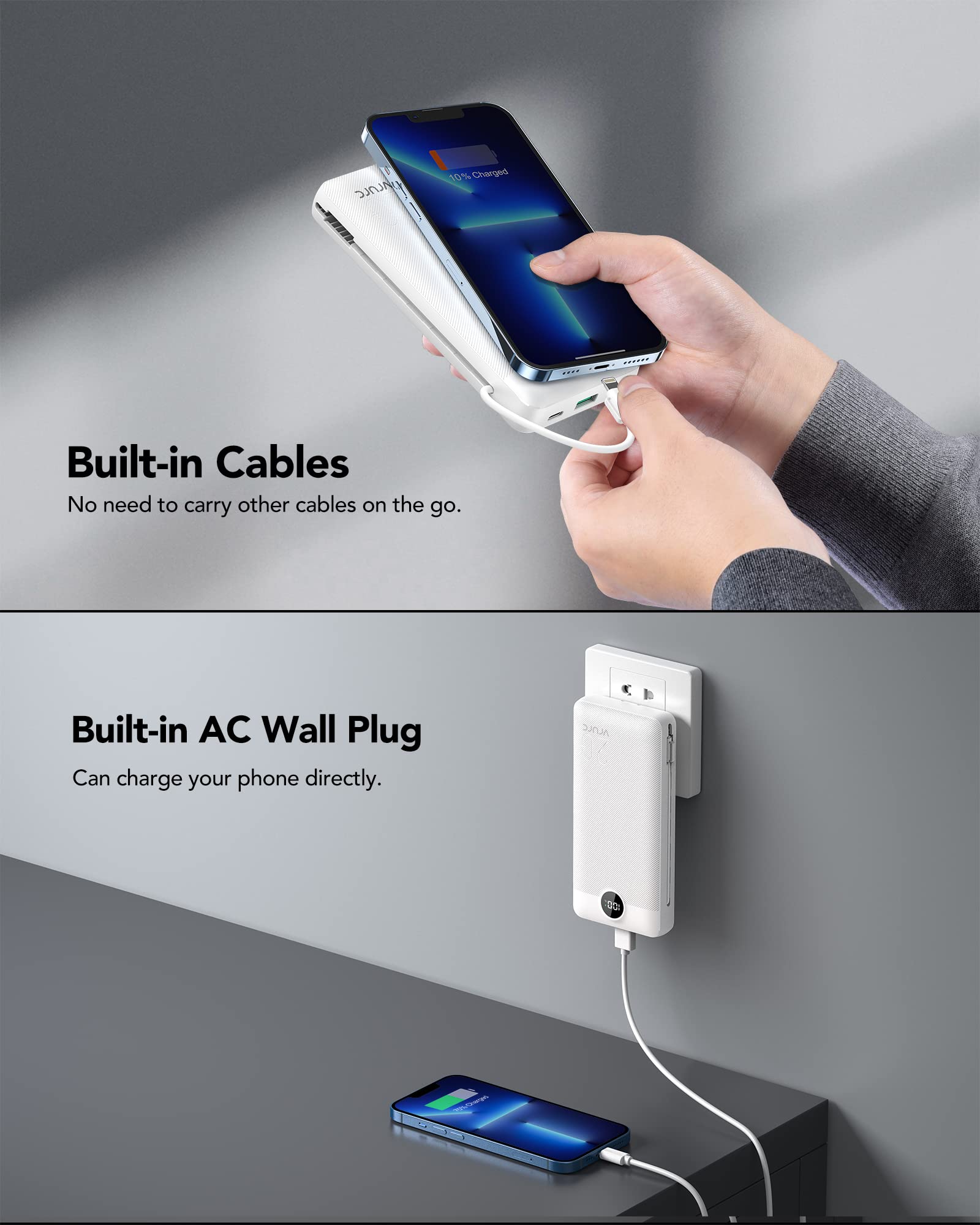 20000mAh Power Bank with Built-in AC Wall Plug & Cables – 22.5W Fast Charging Portable Charger with LED Display for iPhone, Samsung & USB Devices