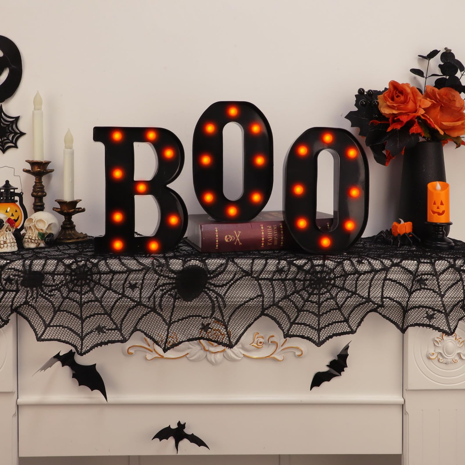 Light-Up “BOO” Marquee Letters – Orange LED Halloween Sign for Indoor Decor (Cordless, Timer, Flicker Mode)